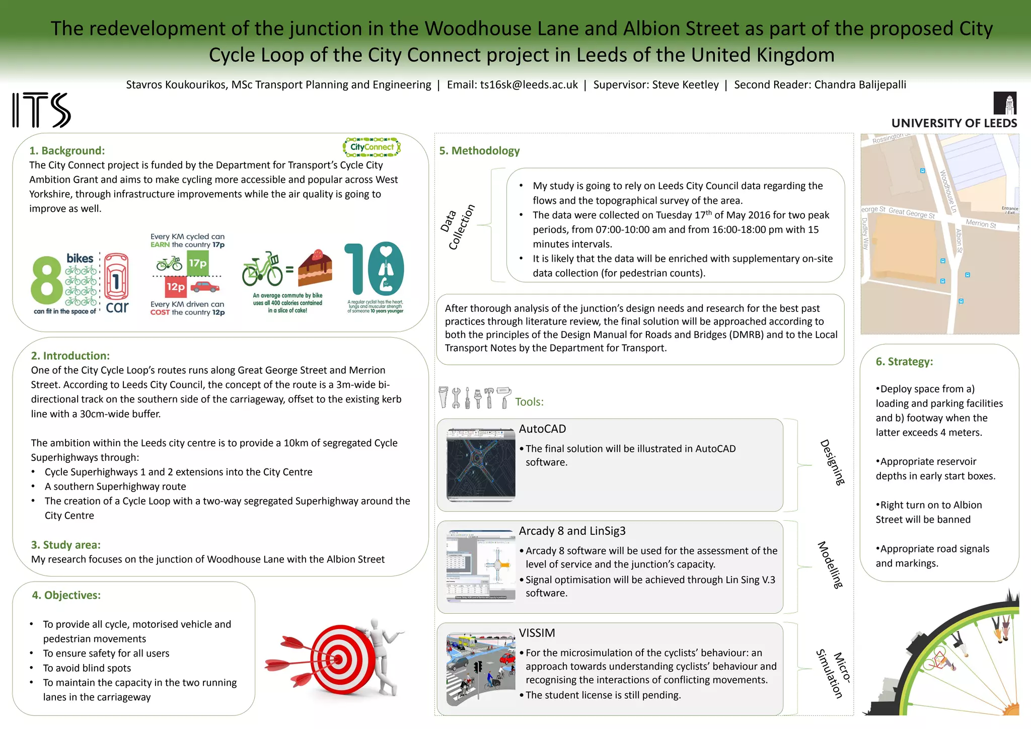Investigating Impact of Next Generation Road Pricing System
on Peak Spreading Behaviour
- Case of York Network Modelling with SATURN
Wee Ping KOH | Masters in Transport Planning and Engineering | Email ts16wpk@leeds.ac.uk | Supervisor: Dr Chandra Balijepalli | Institute for Transport Studies
York Network
Complexities and Evolution of Road Pricing
• Congestion pricing has been an effective demand management tool, and has
been around since 1975.
• Has wider long term effects and strategic benefits to traffic management
compared to localised schemes or the ceaseless provision of infrastructure
capacity.
• However, transport professionals are cautious in implementing it, without
cautious considerations and extensive studies.
• Apparent public resistance to being charged. But Stockholm changed their
mind after a 2006 trial showed effectiveness
• Not feasible to conduct trials every time a city wish to implement or adjust
congestion pricing
• Numerous studies (including many by lecturers from Institute for Transport
Studies) devoted towards understanding dynamics surrounding traffic
response
• With emergence of new pricing technologies, thorough understanding of
pricing effectiveness is now even more important
Current
Road
Pricing
Systems
Singapore
ERP (1975,
1998) –
Point 
Cordon
Norway Toll
Rings (1986/
90/91) -
Cordon
San Diego
(1996) -
Highway
London
Congestion
Charge
(2003) –
Zone
Stockholm
Road Pricing
(2006,2007)
– Cordon
entry/exit
Milan Area C
(2012) -
Cordon
• Emerging technologies has
caused gradual move towards
newer and more effective
methods of road pricing in
recent years
• Understanding of network
responses would greatly
facilitate policy making and its
effectiveness in managing
congestion
• With upcoming new pricing
strategies, even more crucial to
understand drivers’ potential
travel time shift to minimise
their costs
Motivation
1. Update York network and model distance pricing by
applying a distance value to PPK component in distance
parameter within Generalised Cost Formula ,using method
described by Milne  Vliet 1993
GC = PPM * T + (PPK + α) * D + M
where GC is cost in units of pence, T is time in units of
minutes (including any time penalties), D is distance in
kilometres, M is monetary charge in pence (if any), PPM is a
user-defined parameter specifying “Pence Per Minute”, PPK
specifies “Pence Per Kilometre”, and α is the distance
weightage arising from distance pricing.
2. Identify total time periods to be modelled, and slice them
into 4 periods of 30mins each. This will include the priced
period, as well as the periods before and after it
3. Modify elastic assignment loop to include multinomial logit
equation which helps to derive % of traffic using each time
periods according to the costs.
𝑇𝑖𝑗
𝑡
=
𝑒𝑥𝑝 𝐶𝑖𝑗
𝑡
𝑠=1
4
𝑒𝑥𝑝 𝐶𝑖𝑗
𝑠
where 𝐶𝑖𝑗
𝑡
= 𝑐𝑜𝑠𝑡𝑠 𝑜𝑓 𝑡𝑟𝑎𝑣𝑒𝑙 𝑓𝑜𝑟 𝑂𝐷 𝑝𝑎𝑖𝑟 𝑖 →
𝑗 𝑑𝑢𝑟𝑖𝑛𝑔 𝑡𝑖𝑚𝑒
𝑝𝑒𝑟𝑖𝑜𝑑 𝑡 𝑤ℎ𝑒𝑟𝑒 𝑡 𝑟𝑎𝑛𝑔𝑒𝑠 𝑓𝑟𝑜𝑚 1 − 4
4. Use Multiple Time Period Modelling function in SATURN to
model the 4 time slices with their own time period
dependent matrix using SATTPX. Delays and residual
queues will be passed from one period to the next using
the PASSQ option.
5. Can explore network sensitivity by adjusting magnitude of
distance pricing needed to effect
 a pre-decided level of travel time change; or
 Improvement in journey speeds beyond upper
threshold in speed flow curves
• Using static infrastructure e.g. gantries,
cameras
• Lacking in flexibility of relocating charging
points
• Only point, cordon, area pricing easily
implementable
• Singapore: Using Global Navigation Satellite
System (GNSS) and intelligent on-board units
• London: Considering using Intelligent Transport
Systems to effect new charging system (Kaparias
and Bell, 2012)
• Distance pricing brings about the most reduction
in distance travelled by private transport
(Kristoffersson, 2013)
• Balijepalli, N.C., S.P. Shepherd and A.D. May. 2008. Comparing Benefits Between Cordon and Area-Based Road Pricing
Schemes and Optimising the Benefits. DISTILLATE - An EPSRC Funded Project.
• Kaparias, I. and Bell, M.G.H. 2012. London Congestion Charging: Successes, Gaps and Future Opportunities Offered by
Cooperative ITS In: London, C.U., ed. 15th IEEE Conference on Intelligent Transportation Systems, Anchorage, Alaska,
USA.
• Kristoffersson, I. 2013. Impacts of time-varying cordon pricing: Validation and application of mesoscopic model for
Stockholm. Transport Policy. 28, pp.51-60.
• Milne, D., May, A. and Vliet, D.V. 1993. Modelling the Network Effects of Road User Charging: Results from A SATURN
Study.
• Waitling, D., Milne, D. and Clark, S. 2012. Network Impacts of a Road Capacity Reduction: Empirical Analysis And
Model Predictions. Transportation Research Part A. 46(2012), pp.167-189.
References
London
Congestion
Charge
Singapore
ERP
Background
Network
Objectives
1. Understanding Distance-based Charging Effects in SATURN
2. Model Peak Spreading Using Multiple Time
Period Modelling
New Trends
1. Data Collection for
link flows of York
from Department For
Transport
2. Literature research of
various pricing
schemes around the
world
3. Familiarise with
SATURN’s elastic
assignment module
SATEASY and Multiple
Time Period
modelling
Progress
Methodology
 