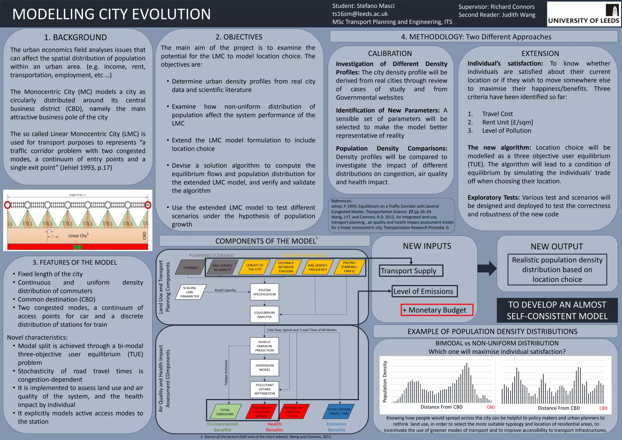 • Past research focus on using single user class in
assignment model. The average value of the
generalized cost can simplify the assignment
process.
• The multiple user classes allows research to
explore how detail the user react in the travel
choices.
• Public not only concern the equity of road
pricing but also its effectiveness. It is believed
that the road charging will increase the
efficiency of the network.
• The multi-user classes assignment can be used
to test whether the road charging is effective or
not. Further results can be used for policy
decision making.
The implications of multiple user classes
for equilibrium assignment modelling solutions
Wei Hao Huang | Transport Planning and Engineering | Supervisor: Dr. David Milne | 2nd Reader: Dr. David Watling
01 BACKGROUND
02 OBJECTIVES
Investigate and analyse different road pricing
scheme between the network in UK.
Discuss the effect on different user classes.
Policy implication.
03 SCOPE
• The traveler in the concerned area will be
distributed into several user classes under
theoretical assumption.
• Related modes: automobiles, trucks .
• Area: urban in Leeds and Cambridge in UK.
Step 1: Build Networks on SATURN
(OD demand, road networks data,..)
Step 2: Develop Road Pricing Scheme
(Distance- and Cordon-based charging)
Step 3: Sensitivity Test
(explore how differences of generalised
cost coefficients set in the user classes)
Step 4: Analyze network impact users’ behaviour
(discuss implications of road pricing)
Step 5: Conclusion and Policy Implication
•Travel demand models
Trip generation
Distribution
Modal split
Assignment
Network
data
Trip
matrices
Route selection
and Loading
[1]Milne, D. 2017. How much spatial road network detail is desirable for planning purposes? UTSG. [2]Rajabi, M.M. 2015. Implications of multiple user classes for
equilibrium assignment modelling solutions. Master thesis, University of Leeds.[3]IS Learning Team. 2005. Measures To Reduce Congestion And The Demand To Travel:
Road-User Charging. [Online]. [Accessed 24 April 2017]. Available from: https://www.nottingham.ac.uk/transportissues/cong_roadcharging.shtml
MINICAM network
(source: Milne, 2017)
Simplified Leeds network
(source: Rajabi, 2015)
04 LITERATURE REVIEW
• Assignment modelling
•Multiple user classes in assignment modelling
(Rajabi, 2015)
-Demand variability
-Unless huge differences in sensitivities to the travel cost
between users, there is no implication to the overall model
results.
-User classes variability
-The higher No. of user classes, the closer outcome to the 2-
user classes condition.
-Income distribution
-User class with lower VOT affects model results severely than
others (choose shortest path causing congestion).
•Road user charging scheme (IS Learning Team, 2005)
-Cordon/zone charging
-Distance-based charging
05 METHODOLOGY
06 CONCLUSION
• The study aims to provide concrete suggestion on the assignment process and the policy decision.
• The outline of this study is the extension of the previous research. Rajabi (2015) explored several implication
with the multiple user classes.
• Past research use average value of road user neglecting the differences between different road users. This
study wants to discuss the implication (road charging) of multiple user classes on the assignment modelling.
• The results will be carried out with SATURN. Through the sensitivity analysis to prove that road charging can
increase the efficiency of the transport network.
07 REFERENCE
 