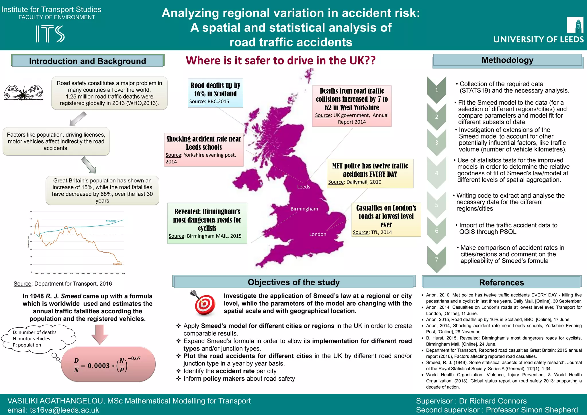 Optimization	of	Manchester	Metrolink Timetable
By: Yifan Huang ml15y4h@leeds.ac.uk Supervisor:	Dr.	Ronghui LiuMSc	Transport	Planning
Background
Ø Manchester	light	rail	system, Metrolink, opened	in	1992. It	
connected	Bury	and	Altrincham	and	expanded	to	Eccles	in	
2002(Knowles,	1996).	
Ø The	Department	for	Transport	(DfT)	planned	to	improve	more	
trams	in	the	fleet	and	increased	capacity	in	the	centre	of	city	
(West	and	Cushing,	2015).	
Ø Now,	11	Metrolink lines	are in use.	Containing both street	
running	and	underground	running.	
Ø The	aim	of	this	research	is	to coordinate energy	consumption
and	improve the service in different times of	the	day.
Objectives
Ø To	improve	the	timetable	and	considering the	whole	driving
cycle and including traction and brake.
Ø To	reduce	run	time	 unreliability	between	the	tram	stations,
considering	the	influence	of	other	surface	traffic.
Methodology
Introduction
Problem
1. Excessive	energy	consumption
2. Highly unreliable	run	time	between	the	tram	stations	
in	the	whole	network
Expected	Outcome
1.The	optimized	frequency and headway	can	be	calculated.
2.Minimize	Energy	can	be	calculated	and	will	be	compared	
with	the energy data before.
References:
1.Knowles,	R.D.,	1996.	Transport	impacts	of	Greater	
Manchester's	Metrolink light	rail	system.	Journal	of	Transport	
Geography,	4(1),	pp.1-14.
2. West,	L.	and	Cushing,	P.,	2015.	Expanding	and	Enhancing	
Manchester	Metrolink.	In European	Transport	Conference	2015.
Step2
Step2
Ø Use	suitable algorithm	to	solve this optimal	
problem
•Eg.	Genetic	algorithm(GA)
•Particle	Swarm	Optimization	and	Simulated	
Annealing	(PSO-SA)
Step3
Ø Data analysis
•Traffic	OD	data
•Traffic	flow	of	peak	hours	and	off-peak hours	
in	Metrolink system
•Energy	consumption	data	for	the	network
Ø Objective	function-minimize	energy	consumption
Energy	of	acceleration	time	one	tram	in	whole	stations	
𝐸 = 2%M(a * 𝑡
,
,

)2 ∗ N
Energy	of	deceleration	time	one	tram	in	whole	stations	
𝐸0 = 2%M(a * 𝑡0
,
,

)2 ∗ N
Energy	of	the	time	to	travel	at	maximum	speed	one	tram	in	
whole	stations-
𝐸1 = {𝑇4546 − [(* 𝑡
,
,

+ * 𝑡0
,
,

) : 𝑁 + 𝑡 : 𝑁 − 2 ]} : 𝐹 : 𝑉A1
So	𝑬 = ∑ ∑ 𝒇 𝒒
𝒒
𝟏 (𝑬 𝒂 + 𝑬 𝒃 + 𝑬 𝒙)𝒎
𝟏
Ø Constraints
• Train	operation	constraints
• Safety	headway	constraints
• Dwelling	time	constraints	--(𝑡
KL
)AK,≤ 𝑡
KL
≤ (𝑡
KL
)A1
• Integer	Constraints		-- 𝑞, 𝑥 ∈ 𝑍S
Step 1
Ø Assumptions
• Uniform headways
• No accident	
• Fixed	time	at	each	station
Second	Marker:Hongbo Ye
t
v
𝑡

𝑡0

𝑉A1
𝑡1

𝑡

𝑡1
T
𝑡
T
𝑡0
T
The	accelerating	and	braking	time	diagram
𝑡
,-The	acceleration	time	from	the	nth station
𝑡0
,
-The	deceleration	time	of	the	nth station
𝑡1
,-The	time	to	travel	at	maximum	speed	of	the	nth station
𝑡-Dwelling	time	of	train	i at	station	n	in	line	l
𝑉A1- Maximum	speed	of	the	tram
 