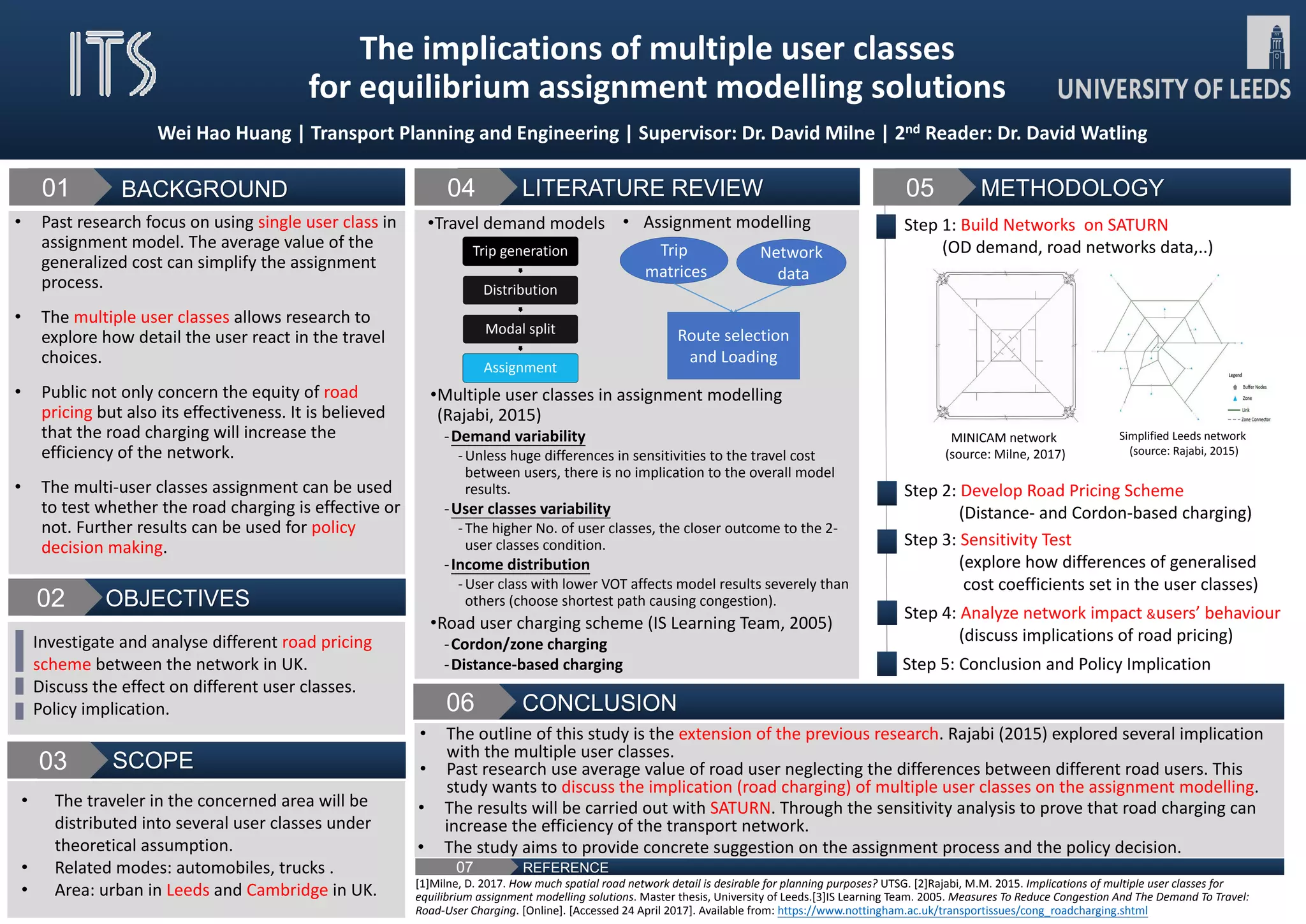 1.	Background
There is a massive amount of real-time mobility
data being generated in cities nowadays using
mobile phones, GPS devices, Bluetooth sensors,
etc. These so-called 'big data' are being used to
make transportation system smarter and more
efficient.
The research gap of the application of GPS data
in transportation is to identify trip mode of each
GPS trip and develop urban route choice models
in different days and different trip destinations.
2.	Aims	and	Objectives
4.	Methodology
GPS Trajectory Division: Divide the GPS trajectory into different
trips and segments, according to the trip origination and trip
destination identified through the GIS map matching and the
trip travel time.
Trip Mode Identification: Identify the trip modes of each trip,
such as walk, bicycle, bus, car and rail in one trip according to
the trip travel speed and relevant GIS map information of the
transportation system.
Trip Destination Identification: Identify the function of the
destination for each trip segment according to the GIS map
information, such as airport, university, residential area and
shopping centres, add destination attribute to each trip,.
6.	Expect	Outcomes
• Approaches to transform the GPS trajectory data into trip
segments with trip modes and destinations
• Better route choice models based on different trip destination
and trip occur time
5.	Route	Choice	Model
Choose Nested Logit model as the route choice model in traffic
assignment to seek for the improvement of route choice model
with GPS data.
The utility that individual n associates with alternative i in the
choice set Cn is
The probability for individual n to choose alternative i within
nest Cmn is
Parameters μ and μm reflect the correlation among alternatives
within the nest Cmn.
	5km
36%
5km	~	20km
36%
20km	~	100km
23%
	100km
5%
Distribution	of	trajectories	by	disrance
	5km 5km	~	20km 20km	~	100km 	100km
3.	GPS	Trajectory	Data
The GPS trajectory dataset was collected in
(Microsoft Research Asia) Geolife project by 182
users in a period of over four years in Beijing,
contains the information of time, latitude,
longitude and altitude.
	1week
24%
1week	~	1	
month
34%
1month	~	
1year
40%
	1year
2%
Distribution	of	users	by	data	collection	period
	1week 1week	~	1	month 1month	~	1year 	1year
References
• Jan, O., Horowitz, A. and Peng, Z.R., 2000. Using global positioning system data to understand variations in
path choice. Transportation Research Record: Journal of the Transportation Research Board, (1725), pp.37-
44.
• Forrest, T. and Pearson, D., 2005. Comparison of trip determination methods in household travel surveys
enhanced by a Global Positioning System. Transportation Research Record: Journal of the Transportation
Research Board, (1917), pp.63-71.
• Duncan, M.J. and Mummery, W.K., 2007. GIS or GPS? A comparison of two methods for assessing route
taken during active transport. American journal of preventive medicine, 33(1), pp.51-53.
28%
34%
15%
23%
0
5
10
15
20
25
30
35
40
	10 10	~	50 50	~	100 	100
Distribution	of	users	by	number	of	trajectories
Yu	Zhang			Msc Transport	Planning	and	Engineering				Supervisor:	Dr.	Charisma	Choudhury			Second	Reader:	Dr.	Ronghui Liu
Institute	for	Transport	Studies	(ITS)
 