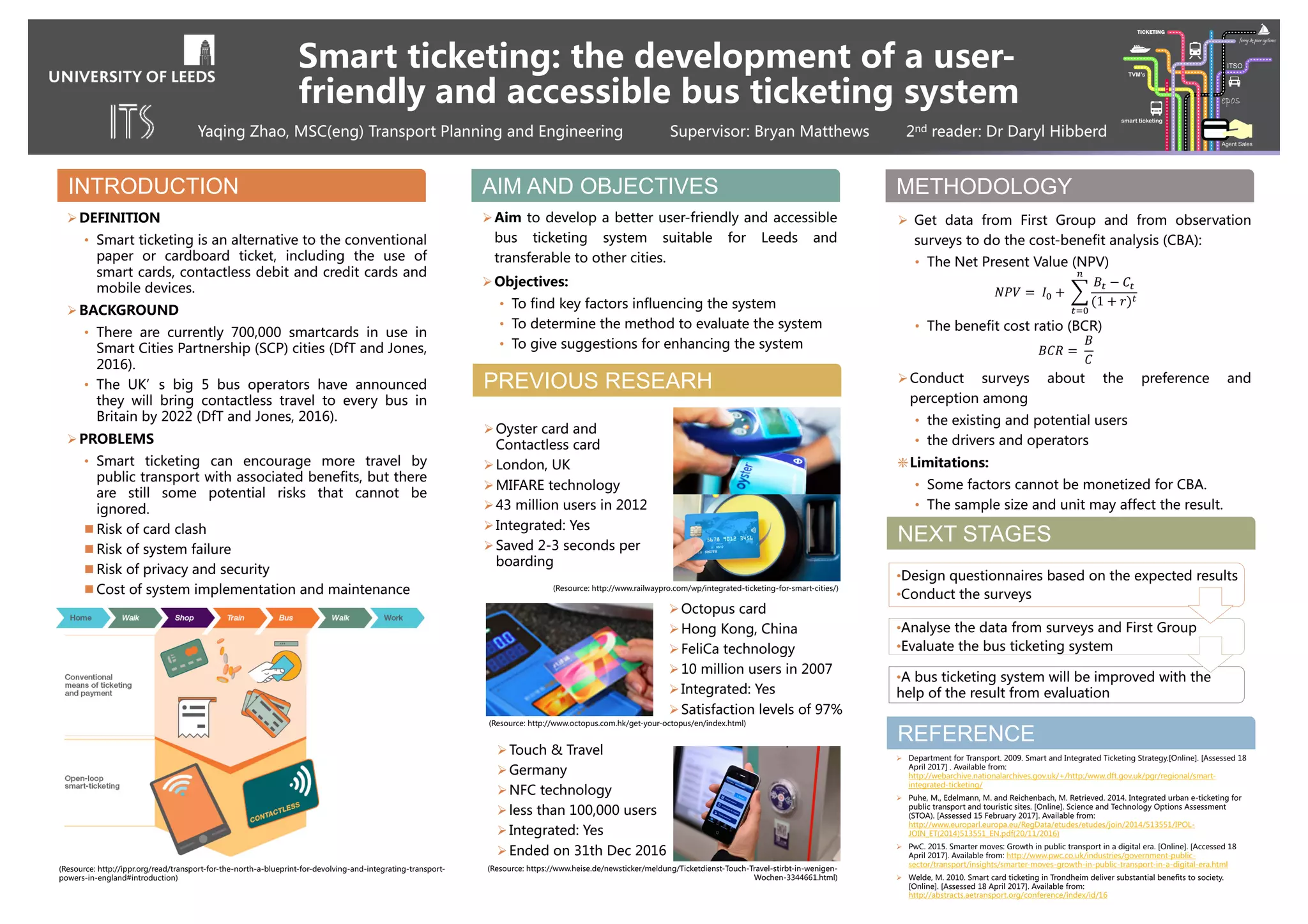 City Health and Active Travel: Health Data and Transport Strategy
A case study of Leeds Bradford Super Highway
Background
How does transport affect health and how transport related
health inequalities?
Car Accidents
186209 casualties and 1732 fatalities
The main reason of death for 15-29.
Half of all road traffic deaths are among pedestrians, cyclists and motorcyclists.
Deprived areas face inequalities
Air pollution
In 2012 air pollution lead to 6.5 million premature deaths, more than 1/9 of
the whole deaths, transport is now considered the main source of urban air
pollution
Active Travel and Physical activities
Reduce obesity, diabetes the risk of all-cause mortality
Benefit to mental health.
WHO recommend 150 minutes physical activities at least
In developed countries, cycling is dominated by the rich, the poor face inequalities in active travel.
The relationship between the risk of
all-cause mortality and non-vigorous
physical activities
1
What can active travel achieve
Improve physical and mental health
Solve congestion and air pollution problems(more efficiency than promotion public transport and improving
technologies)
2
Scope
Leeds-BradfordCycle
Superhighway
3 Objectives
Collect and analyze health related data and assess the health impact of
Leeds-Bradford Superhighway.
Provide improvement proposal based on the health impact assessment.
4 Methodology
Evidence Collection
Accident data: Leeds Road Traffic Accident Data: 2009-2016.
Deprived distribution: Deprived map UK
Superhighway report: Cityconnect website
Leeds cycle policy in Leeds City Council :Cycle in Leeds
Cyclists’ satisfaction and behaviour: Questionnaire
Cycle flow: Traffic survey
Data analysis
 GIS: QGIS can help in determining the
location of traffic accidents.
Health Economic Assessment Tool (HEAT): For
determining the benefit of physical activities.
Other data analysis software: Excel and R.
Health Impact Assessment (HIA) Process
Use check list to make sure is this scheme related to
public health, health inequalities to determine the
necessity of HIA.
Determine the scheme description, objectives and
context, spatial and temporal scope, the involved
population, possible health impact and related
policies. The purpose of this stage is to identify the
indicators for appraisal stage.
Multi-criteria decision analysis is commonly used in
this stage, first development a multi-criteria framework
and give weight to each indicator. Then evaluate each
indicator. Finally calculate the final marks (P.C. Bueno
et al, 2015)
Make conclusion of the health impact of the scheme
Critically review and discuss about the process of HIA
Improvement proposal
Based on the problems found in the evaluation process, the opinion of
cyclists and the review the effeteness of existing scheme
Supervisor: Ann Jopson Second Reader: Charlotte Kelly Student: Zhishen Xu Email:ts16zx@leeds.ac.uk
Screening
Scoping
Appraisal
Decision
Mornitor
Length 23km(the longest cycleway in the north of England) Cost £29.26m (package cost)
Location from east Leeds to Bradford Time June 2013-September 2015
 