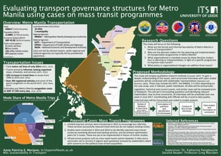 Evaluating transport governance structures for Metro
Manila using cases on mass transit programmes
Anne Patricia E. Mariano, ts16apem@leeds.ac.uk Supervisor: Dr. Katharine Pangbourne
Second Reader: Professor Greg MarsdenMSc Sustainability in Transport
Potential Cases: Mass Transit Programmes
1.  Limited-stop	bus	services	were	introduced	in	2015	to	encourage	bus	ridership.	
These	services	successfully	reduced	travel	?me	but	do	not	replace	exis?ng	routes.	
2.  Studies	were	conducted	in	2014	and	2016	to	(a)	iden?fy	required	mass	transit	
routes	by	reviewing	demand	and	exis?ng	services,	and	(b)	present	op?misa?on	
plans	for	3	routes.	These	are	yet	to	be	implemented	in	favour	of	further	studies.	
3.  Infrastructure	projects	such	as	a	bus	rapid	transit	system	between	2	ci?es	and	a	
commuter	rail	to	connect	4	regions	were	posi?vely	received	by	stakeholders	albeit	
with	concerns	on	the	poli?cal	costs	of	land	acquisi?on.	
Mode Share of Metro Manila Trips
Based	on	household	interview	surveys	and	a	total	of	35.5	million	trips	(JICA,	2014)	
Transportation Issues
•  Total	metro	rail	lines	of	only	50km	(DOTr,	2015)	
•  Transit	primarily	informal,	lacking	organised	
stops,	schedules,	and	services	(DOTr,	2015)	
•  18%	increase	in	travel	9me	on	buses	from	
1996	to	2014	(JICA,	2015)	
•  Over	2M	registered	vehicles	and	some	of	the	
worst	conges?on	in	the	world	(DOTr,	2015;	Waze,	
2015)	
Es?mates	put	Metro	Manila	conges9on	costs	
at	GBP	37.5M	every	day.	(JICA,	2014)	
Selected References
• Aberbach,	J.	and	Rockman,	B.	2002.	Conduc?ng	and	coding	elite	interviews.	PoliDcal	
Science	&	PoliDcs,	35(04),	pp.673-676.	
• Creswell,	J.	2007.	QualitaDve	inquiry	and	research	design:	Choosing	among	ﬁve	
approaches.	2nd	edi?on.	California:	Sage	Publica?ons.	
• DOTr.	2015.	Metro	Manila	2015-2030:	Approaches	to	Current	Transporta?on	Issues	for	
the	Future.	
• Japan	Interna?onal	Coopera?on	Agency	[JICA].	2014.	Final	Report	-	Main	Text.	Roadmap	
for	Transport	Infrastructure	Development	for	Metro	Manila	and	Its	Surrounding	Areas.		
• JICA.	2015.	MUCEP	Progress.	The	Project	for	Capacity	Development	on	TransportaDon	
Planning	and	Database	Management	in	the	Republic	of	the	Philippines	(MUCEP).	
• Philippine	Sta?s?cs	Authority.	2016.	Regional	Accounts	of	the	Philippines.	[Online].	
[Accessed	21	April	2017].	Available	from	h`ps://psa.gov.ph/regional-accounts/grdp/
data-and-charts	
• Waze.	2015.	Global	Driver	Sa?sfac?on	Index.	[Online].	[Accessed	20	April	2017].	
Available	from	h`ps://blog.waze.com/2015/09/global-driver-sa?sfac?on-index.html	
The	study	will	focus	on	the	following:	
1.  What	are	the	formal	and	informal	boundaries	of	Metro	Manila	in	
terms	of	transporta?on?	
2.  Who	are	the	decision-makers	for	the	planning	and	implementa?on	
of	transporta?on	programmes	in	Metro	Manila?	
3.  What	organisa?onal	or	mandate	issues	do	these	decision-makers	
face	in	planning	or	implementa?on,	in	light	of	a	speciﬁc	programme	
to	improve	mass	transit?	
4.  What	policy	or	organisa?onal	changes	can	address	these	issues?	
Research Questions
Regional	Development	Council	
–	Na?onal	Capital	Region	
Metropolitan	Manila	
Development	Authority	
Department	of	
Transporta?on	
Department	of	Public	
Works	and	Highways	
Na?onal	Economic	and	
Development	Authority	
Proposed Methodology
This	study	will	employ	qualita?ve	research	methods	(Creswell,	2007).	To	gain	a	
deeper	understanding	of	the	issues,	semi-structured	interviews	with	open-ended	
ques?ons	will	be	conducted	with	stakeholder	representa?ves	(Aberbach	and	
Rockman,	2002).	These	may	include	the	DOTr,	the	MMDA,	2-3	LGUs	depending	on	
the	case	study,	and,	if	relevant,	public	individuals.	All	data	will	be	anonymised.	
Legisla?on,	historical	and	current	events,	and	similar	cases	will	be	reviewed	prior	
to	ﬁeldwork.	This	will	aid	in	formula?ng	ques?ons	and	iden?fying	relevant	
stakeholders.	Due	to	?me	constraints,	all	interviews	will	be	scheduled	over	one	
week	in	June	2017.	Coordina?ng	with	oﬃcials	will	be	crucial	to	data	quality.	
Collected	data	will	be	transcribed	and	coded	to	enable	analysis.		
	
	
	
	
Review	of	
literature	
On	Metro	Manila;	
metro	regions;	
qualita?ve	research;	
and	elite	interviews	
Formula?on	of	
ques?ons	
and	
iden?ﬁca?on	
of	interviewees	
Conduct	of	
face-to-face	
interviews	
Data	analysis	
and	
formula?on	of	
conclusions	
*Coloured	areas	on	map	depict	potenDal	study	areas.	
Jeepney,	19%	
Tricycle,	16%	
Bus,	7%	
Train,	4%	
Other	Public	
Modes,	3%	
Motorcycle,	
8%	
Car,	8%	
Taxi,	1%	
Other	Private	
Modes,	3%	
Walking,	31%	
Public		
17,335		
Private		
7,253		Walking		
10,913		
Overview: Metro Manila Transportation
Area:	 	 	 		
636km2,	0.21%	of	country	
Popula?on	(2015): 		
12.88M,	12.75%	of	country	
Economic	Output	(20151):	
GBP	43.3B,	36.5%	of	country	
Public	transit	op?ons:	
3	metro	rail	lines	
82	bus	routes	
124	u?lity	vehicle	routes	
677	jeepney	routes	
1Constant	2000	prices	
Local	Government	Units	(LGUs):		
16	ci9es	
1	municipality	
Regional	Agencies: 		
MMDA	–		Metropolitan	Manila	Development	Authority	
Na?onal	Agencies:	
DOTr	–	Department	of	Transporta?on	
DPWH	–	Department	of	Public	Works	and	Highways		
NEDA	–	Na?onal	Economic	and	Development	Authority	
LGUs	are	led	by	elected	mayors,	while	regional	and	
na?onal	agencies	are	typically	led	by	presiden?al	
appointees.	
 