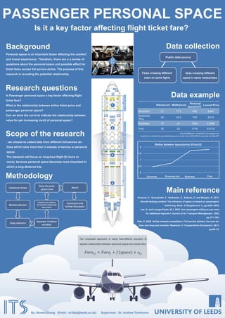 `
Carlos Caro Martin MSc Transport Economics
Supervisor: Dr Andrew Smith Second Reader: Dr Manuel Ojeda Cabral
Background
1. Is the length of the contract a determinant factor of
efficiency?
2. Is any different behaviour depending of the years
remaining in the contract?
Aim, objectives and data
a) Create a framework for all rail franchises to be able
to evaluate an optimum length of the franchise
b) Evaluation of each franchise to provide justifications
or expected level performance for each company
c) Provide recommendation for future actions
Quantitative analysis: econometric analysis of cost
functions  Creation of a cost frontier to measure the
level of inefficiency amongst companies
Qualitative analysis: research of the political and
contextual situation of each company and franchise 
Inclusion of additional value outside the data analysis
Methodology
Data analysis may offer a single case for every single
scenario, therefore the extrapolation for different
situations could be biased and mistaken. Also, a controlled
experiment or the effect of changing only one variable
and observe the effect is limited in reality.
In some occasions, the market decisions are not following
a procedure but different political and social agendas.
 Liberalization of rail services as example of public tender
for public service contracts (Nash et al 2016)
 Aiming a balance between quality of public service and
economic efficiency of the system (McNulty 2011)
 Different studies in economies of scope and scale but not
so many in length franchise
 Unique variety of examples in the UK due to all routes
already privatised in this system
 UK and UE currently promote tendering systems and
franchise length is a key factor
Limitations
German evidence suggest that longer franchises are cost
effective, better deals on rolling stock and incentives to
better practices are opportunities from longer deals
(Nash et al 2016).
There are to be expected differences in companies
behaviour depending on the moment on their contracts,
and also depending of their expectations to continue with
the activity.
Understanding of a system with different behaviours
depending of the context. In the decision making process,
the political and historical heritage are possibly as
important as current economic performance.
Results expected
The length of the franchise should be able to be modified
depending of the conditions of each line.
Long contracts in systems where investments are needed
and better rolling stock deals are possible.
Short contracts where the situation is about to change in
a near future, or not possible to obtain benefits from big
investments.
The flexibility in length should be another efficiency
factor. In addition, in this case, length is easier to modify
than other parameters.
Nash C., Crozet Y., Link H., Nilsson, J.-E., Smith A., 2016.
Liberalisation of passenger rail services. Centre on
Regulation in Europe (CERRE).
DfT 2011. McNulty report. Realising the potential of GB
rail: final report of the rail value for money study: detailed
report. Department for Transport: Office of Rail
Regulation, London.
DfT 2016. Rail franchise schedule. Department for
Transport [website] Office of Rail Regulation, London
References
Current situation
Cost frontier: establish the
level of inefficiency for each
firm at an output level
A’
Inefficiency of firm A
o Dataset of 482 samples for all (roughly 20) TOC
companies data since 2000 to 2016
o Dataset already contains cost variables: fixed and
variables costs (access, salaries, rolling stock, etc.)
o Inclusion of two new variables: years of the
franchise and years pending to end the contract
Movements in cost frontier due
to dummy variables depending of
contract length
 