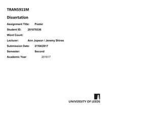 Introduction
It is widely recognized that there is a need
to increase the proportion of trips on active
modes in our towns and villages. West
Yorkshire has set as a target for 2026 to
increase trips walking 50% and double
cycling (WYCA, 2016). However, in The
Upper Calder Valley, this aim could seem
more challenging than in other areas of the
region, due to its high gradient, urban
discontinuity, and longer distances to
certain services among others constraints.
Objectives
• Analyse quantitatively and qualitatively
capability to access to key services
using active modes.
• Investigate policies, which are more
likely to promote and improve
accessibility in active modes, given
the previous mixed method analysis.
Methods
Walking and cycling
in The Upper Calder Valley
Literature
Calderdale Council. 2016. Calderdale Transport Strategy
2016-2031.
Department for transport. 2016. Cycling and walking
investment Strategy. London OLG.
West Yorkshire Combined Authority. 2016. West Yorkshire
transport strategy 2016-2036. Full consultation Draft.
Philips, I., Watling, D. and Timms, P., 2014, November.
Improving estimates of capacity of populations to make
journeys by walking and cycling: An individual modelling
process applied to whole populations using spatial
microsimulation. Leeds
Fig. 1. Diagram methods
and data collection
CONSTRAINTS/
CHALLENGES
• High gradient
• Not a single
conurbation
• Low proportion of
trips on active modes
• Longer distances to
certain services
• Severance
• Ageing population
Green, T. 2009. The Upper Calder Valley, near Cornholme.
STRENGTHS /
OPPORTUNITIES
• Significant walking
and cycling network
• Tradition of leisure
and sports cycling
• 20mph and
pedestrian zones
• Strong train-bicycle
connectivity
Policies and strategies
AIMS AND TARGETS
POTENTIAL POLICY INTERVENTIONS
• Improve and create new active travel
infrastructure
• Road safety measures
• Increase permeability
• Awareness campaigns
• Increase pedestrian zones
• Widening pavements
• Improvements in pedestrian crossings
• User maps and wayfinding to help
cyclists choose lower-hill routes
• Electrical and folder bikes promotion
• Bike share schemes
Fig. 4. AMA indicator in
The Upper Calder Valley
Ouput Areas
Fig. 2. Method of travel to
work 2011. Source: nomis
Author: Eugeni Vidal
Supervisor: Ian Philips
Second marker: Caroline Mullen
Vidal, E. 2017. Vidal, E. 2017.
So, is this target feasible for the Valley?
How capable are people to walk and cycle
there? How accessible are services in
these modes? Which policies would help to
meet the stated aim?
Initial findings
(from initial study area visit and existing data)
Fig. 3. Distances to specific
services and AMA indicator.
Source: Ian Philips
* Maximum distance people are physically capable of cycling without constraints
** % of the distance to key services that people could travel by active modes
*** AMA indicator can also be calculated given the constraints: no bike availability and the
need to escort children to school
 