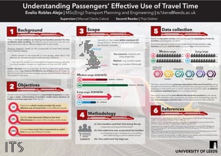C
Background
Research Questions
Route Map(Partial)
Methodology
Objectives
References
Preliminary Comparison
Delivered Schemes
(Note: Boxes in white: data in 2015; Boxes in blue: data in 2016; Boxes
in yellow: Downward trend in running time)
➢Bus Lane Widening (5): Re-align road marking to accommodate widening of bus lane
➢Yellow Box Marking (3): Criss-cross yellow lines painted on the road
➢Keep Clear Marking (2): Do not block that part of the carriageway indicated.
➢Review Parking (1): Part-time parking is potentially obstructing the bus route during peak hours
➢Centerline (3): Moving the road centerline to assist traffic pass bus stops or curbside obstructions.
➢Signage and Enforcement (1): Install signage to prevent general traffic entering, enforce bus lane
facility.
➢Signage and Line Marking (1): Move the locations of part-time on-street loading bays to allow space
for vehicles to maneuver around safely.
➢Signal Modification- SCOOT (1): Converting existing signal system to Split Cycle Offset Optimizing
Technique (SCOOT).
• To quantify the benefits of all 17 bus priority interventions implemented on London
bus Route 3 and compare them with their predicted values.
• To assess the reliability of London bus Route 3 after the bus priority interventions
implemented.
• To compare cost of schemes with effectiveness and carry out an Cost-Benefit
Analysis (CBA).
• To identify potential problems and reasons lead to the difference between predicted
and actual benefits, propose measures and explore more efficiency schemes.
In 2015, based on a review of the existing evidence, a guide to the effectiveness of
26 different types of bus priority interventions produced by TfL. TfL applied this
guide to forecast the effectiveness of various schemes at pinch-points on the
network of London, in terms of the savings in expected journey times, variety and
delays. A majority of bus priority schemes have completed since December 2016,
and actual monitoring data collected by Tfl is available now.
The target route is London Bus Route 3. According to the bus service usage
report published by TfL, the usage of Route 3 has experienced declining for three
consecutive years since 2013, it is significant to take measures to make Route 3
more attractive. Since 2015, 17 bus priority schemes have been implemented
along side the bus route to improve effectiveness and reliability.
Social influence, how many
passengers and inhabitants can
benefit from these schemes?
How much?
Will the increased/improved
reliability of Route 3 be realized
by passengers? How could
Route 3 attract passengers who
gave it up previously?
What types of factors could influence
the service reliability? How to estimate
the effects of different factors on
service reliability?
Data Analysis and Assess the Scheme Benefits
Running Time Analysis-Individual trip times, scheduled VS observed averages,
daily averages in March in 2015 and 2016 respectively
Evidence of declining bus market
Implement timescale and cost of each scheme
Background factors (such as accidents, events, activities and road works)
Identify Indicators and Evaluate the Reliability of Route 3
➢ Punctuality Index Based on Route (PIR):
𝑃𝐼𝑅 𝐿 = 𝑃 𝑡 𝑅𝑢𝑛 ∈ [𝑡 𝑠𝑐ℎ + 𝛿1, 𝑡 𝑠𝑐ℎ + 𝛿2] = 𝑃{𝑡 𝑅𝑢𝑛 − 𝑡 𝑠𝑐ℎ ∈ [𝛿1, 𝛿2]}
➢ Deviation Index Based on Stops (DIS):
𝐷𝐼𝑆𝑠 = 𝑃 𝐻𝑠 − 𝐻0 ∈ 𝜃1, 𝜃2
Cost-Benefit Analysis (CBA) of Bus Priority Schemes
An Assessment of 17 Bus Priority Schemes Implemented on London Bus Route 3,
What Lessons Can Be Learned?
Feiyang Zhang MSc-Transport Planning & Engineering ts16fz@leeds.ac.uk Supervisor: Jeremy Shires Second Reader: Dan Johnson
The cost of all the schemes VS the
benefit obtained from schemes, will
the desired results be achieved? Will
the change attract more passengers
and bring more profits?
Chen, X., Yu. L., Zhang, Y. and Guo, J. 2009. Analyzing Urban Bus Service Reliability at the Stop, Route, and Network Levels. Transportation Research Part A. 43
(2009), pp.722-734.
Lin, J., Wang, P. and Barnum. D. 2008. A Quality Control Framework for Bus Schedule Reliability. Transportation Research Part E. 44 (2008), pp.1086-1098.
Qu, X., Oh, E., Weng, J. and Jin, S. 2013. Bus Travel Time Reliability Analysis: A Case Study. Transport. 167 (TR3), pp.178-184.
Sorratini, J., Liu, R. and Sinha, S. 2008. Assessing Bus Transport Reliability Using Micro-Simulation. Transportation Planning and Technology. 31 (3), pp.303-324.
Transportation Benefit-Cost Analysis. 2017. Public Transport Case Studies. [Online]. [Accessed April 2017]. Available from:
https://sites.google.com/site/benefitcostanalysis/case-studies/public-transport
Benefits, Magnitude and Value：Total time cost saving, Operating cost
saving, Bus device saving, Emissions-related saving
Cost: The cost of implementing the schemes, Maintenance and
operation cost
Analysis and Criterions: Benefits / Cost Ratio
Passenger Survey
Collect feedback, experience and opinions from passengers, how do they
response to the improvement
 