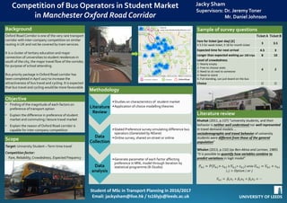 A Comparative Study To Assess Re-Design Options And Bus Priority
Measures For The Lawnswood Roundabout (A660/A6120 Junction)
Author: Joel Flatts (ts16jsbf@leeds.ac.uk) Supervisor: Adrian Bateman 2nd Reader: Jeremy Shires
BACKGROUND RESEARCH SCOPE DATA COLLECTION
METHODOLOGY DESIGN ALTERNATIVESOBJECTIVES
1
2 4
3 5
6
 A660 (Otley Road) – Major radial and bus route
heading north-west from Leeds City Centre;
 A6120 (Outer Ring Road) – Strategic Main Road
around perimeter of Leeds;
 Junction is unsignalised and suffers from
localised peak period congestion. Identified as
hazardous and a significant source of delay by
Leeds City Council since 2008;
 No priority for buses at junction;
 No formal provision for pedestrians and cyclists.
 Improve Functional Capacity – Reduce delays
and queues for a re-design period of 15 years;
 Assess feasibility of providing bus priority
measures;
 Improve Safety – Minimize traffic conflicts and
provide dedicated crossings for pedestrians and
cyclists;
 Environmental Improvement – Reduce site
specific pollution;
 Evaluation Assessment – Determine the ideal
solution through a comparative cost-benefit
analysis;
 Design and analyse improvements using
ARCADY, PICADY and LINSIG Softwares;
 Assess impact on commuters using the junction
with special focus on those using sustainable
modes of transport;
 Evaluate impact on air quality if trees within the
vicinity of the junction were to be removed to
facilitate improved traffic flow.
 Layout Mapping – geometric parameters and
relative positioning of road furniture, utilities,
trees, etc;
 2008 Leeds City Council Classified Turning
Counts - 7:00HRS to 19:00HRS. Determine
current peak flows using Regional Traffic Growth
Forecasts;
 Lane Queue Lengths – Site Visit Observations.
Data Collection;
Create and calibrate base models;
Design Future Alternatives;
Assess air quality due to emissions;
Accident Analysis – using Crashmap data;
Evaluation Assessment – using guidance from
sources such as HM Treasury’s Green Book.
The following re-designs will be considered - both
with and without bus priority measures:
Geometric Improvements – provision
of additional lanes;
Implementing Signalisation – along
with possible geometric improvements;
Signalised Intersection;
Grade Separated Junction.
 