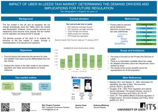 MODELLING CITY EVOLUTION
Student: Stefano Masci
ts16sm@leeds.ac.uk
MSc Transport Planning and Engineering, ITS
1. BACKGROUND
The urban economics field analyses issues that
can affect the spatial distribution of population
within an urban area. (e.g. income, rent,
transportation, employment, etc …)
The Monocentric City (MC) models a city as
circularly distributed around its central
business district (CBD), namely the main
attractive business pole of the city
The so called Linear Monocentric City (LMC) is
used for transport purposes to represents “a
traffic corridor problem with two congested
modes, a continuum of entry points and a
single exit point” (Jehiel 1993, p.17)
Supervisor: Richard Connors
Second Reader: Judith Wang
The main aim of the project is to examine the
potential for the LMC to model location choice. The
objectives are:
• Determine urban density profiles from real city
data and scientific literature
• Examine how non-uniform distribution of
population affect the system performance of the
LMC
• Extend the LMC model formulation to include
location choice
• Devise a solution algorithm to compute the
equilibrium flows and population distribution for
the extended LMC model, and verify and validate
the algorithm
• Use the extended LMC model to test different
scenarios under the hypothesis of population
growth
2. OBJECTIVES 4. METHODOLOGY: Two Different Approaches
Investigation of Different Density
Profiles: The city density profile will be
derived from real cities through review
of cases of study and from
Governmental websites
Identification of New Parameters: A
sensible set of parameters will be
selected to make the model better
representative of reality
Population Density Comparisons:
Density profiles will be compared to
investigate the impact of different
distributions on congestion, air quality
and health impact.
CALIBRATION
• Fixed length of the city
• Continuous and uniform density
distribution of commuters
• Common destination (CBD)
• Two congested modes, a continuum of
access points for car and a discrete
distribution of stations for train
Novel characteristics:
• Modal split is achieved through a bi-modal
three-objective user equilibrium (TUE)
problem
• Stochasticity of road travel times is
congestion-dependent
• It is implemented to assess land use and air
quality of the system, and the health
impact by individual
• It explicitly models active access modes to
the station
3. FEATURES OF THE MODEL
Transport Supply
+ Monetary Budget
Level of Emissions
NEW INPUTS
EXTENSION
Individual’s satisfaction: To know whether
individuals are satisfied about their current
location or if they wish to move somewhere else
to maximise their happiness/benefits. Three
criteria have been identified so far:
1. Travel Cost
2. Rent Unit [£/sqm]
3. Level of Pollution
The new algorithm: Location choice will be
modelled as a three objective user equilibrium
(TUE). The algorithm will lead to a condition of
equilibrium by simulating the individuals’ trade
off when choosing their location.
Exploratory Tests: Various test and scenarios will
be designed and deployed to test the correctness
and robustness of the new code
TO DEVELOP AN ALMOST
SELF-CONSISTENT MODEL
Realistic population density
distribution based on
location choice
NEW OUTPUT
References:
Jehiel, P. 1993. Equilibrium on a Traffic Corridor with Several
Congested Modes. Transportation Science. 27,pp.16–24.
Wang, J.Y.T. and Connors, R.D. 2015. An integrated land use,
transport planning , air quality and health impact assessment model
for a linear monocentric city. Transportation Research Procedia. 0.
COMPONENTS OF THE MODEL
EXAMPLE OF POPULATION DENSITY DISTRIBUTIONS
BIMODAL vs NON-UNIFORM DISTRIBUTION
Which one will maximise individual satisfaction?
1 Source of the picture (left) and of the chart (above): Wang and Connors, 2015
1
1
Knowing how people would spread across the city can be helpful to policy makers and urban planners to
rethink land use, in order to select the more suitable typology and location of residential areas, to
incentivate the use of greener modes of transport and to improve accessibility to transport infrastructures.
 