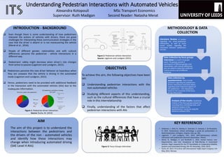 Understanding Pedestrian Interactions with Automated Vehicles
OBJECTIVES
To achieve this aim, the following objectives have been
set:
 Understanding pedestrian interactions with the
non-automated vehicles
 Studying different aspects of this understanding,
such as the cultural differences that have a crucial
role in this interrelationship
 Finally, understanding of the factors that affect
pedestrian interactions with AVs
METHODOLOGY & DATA
COLLECTION
Literature Review of studies
regarding the driver-pedestrian
interactions, as well as some
recent studies regarding the
interaction between pedestrians
and AVs.
Data Collection by focus groups
interviews (2-3 with 5-8 people
each). The groups consist of
participants of different genders and
nationalities, with cultural differences
who are asked to state their preferred
choices across a set of different
scenarios.
Data collection by
questionnaires. They include
questions regarding the pedestrians-
drivers interactions and some others
regarding some important aspects of
the pedestrians – AVs interactions,
based on the outcomes of the focus
groups discussions.
Analysis of the results. Qualitative
analysis of the focus groups outputs by
recording them and taking notes, and
statistical analysis of the
questionnaires’ results by using the
statistical software SPSS.
AIM
The aim of this project is to understand the
interactions between the pedestrians and
the drivers of the non - automated vehicles
and identify how these interactions may
change when introducing automated driving
(SAE Level 4 AVs).
INTRODUCTION - BACKGROUND
 Even though there is some understanding of how pedestrians
interpret the actions of vehicles with drivers, there are great
challenges for interpreting these communication strategies in the
case that the driver is absent or is not maneuvering the vehicle
(Merat et al., 2016).
 People of different gender, nationalities and with cultural
differences perceive the pedestrian - vehicle interactions in a
different way.
 Pedestrians’ safety might decrease when driver’s role changes
from active to passive (Lagstrom and Lundgren, 2015).
 Pedestrians perceive this new driver behavior as hazardous when
they are unaware that the vehicle is driving in the automated
mode (Lagstrom and Lundgren, 2015).
 Hence, pedestrians need to be provided with additional feedback
in the interaction with the automated vehicles (AVs) due to the
inadequate information.
KEY REFERENCES
• Anderson, J., Kalra, N., Stanley, K., Sorensen, P., Samaras, C. & Oluwatola,
O. 2014. Autonomous vehicle technology: a guide for policymakers in
Rand Corporation, Arlington, Virginia, USA, pp. 185.
• Lagstrom, T. and Lundgren, V.M., 2015. AVIP-Autonomous vehicles
interaction with pedestrians (Doctoral dissertation, Thesis).
• Merat, N., Madigan, R. and Nordhoff, S., 2016. Human Factors, User
Requirements, and User Acceptance of Ride-Sharing in Automated
Vehicles. Paper prepared for the ITF Roundtable on Cooperative Mobility
Systems and Automated Driving, 6th-7th December, 2016, OECD.
• Šucha, M. 2014. Fit to drive: 8th International Traffic Expert Congress. 8-9
May, 2014, Warsaw.
Alexandra Kotopouli MSc Transport Economics
Supervisor: Ruth Madigan Second Reader: Natasha Merat
Figure 2: Pedestrian-vehicle interaction
Source: Lagstrom and Lundgren (2015)
Figure 1: Pedestrian-driver interaction.
Source: Šucha, M. (2014)
Figure 3: Focus Groups Interviews
 