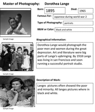 Master of Photography:
Born:

Dorothea Lange

1895

Died:

1965

Famous For: Japanese during world war 2
Type of Photography: portraits
B&W or Color: Black and white

Sample Image

Biographical Information:

Dorothea Lange would photograph the
poor men and women during the great
depression. Art and literature were big
parts of Lange’s upbringing. By 1918 Lange
was living in san Francisco and soon
running a successful portrait studio.
Sample Image

Description of Work:

Langes pictures often showed the poor
and minority. All langes pictures where in
black and white.

Sample Image

 
