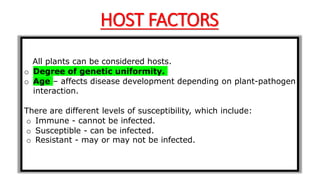 HOST FACTORS
All plants can be considered hosts.
o Degree of genetic uniformity.
o Age – affects disease development depending on plant-pathogen
interaction.
There are different levels of susceptibility, which include:
o Immune - cannot be infected.
o Susceptible - can be infected.
o Resistant - may or may not be infected.
 