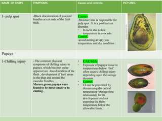 NAME OF CROPS SYMPTOMS Causes and controls- PICTURES-
1- pulp spot -Black discoloration of vascular
bundles at cut ends of the fruit
stalk.
Cause-
-Moisture loss is responsible for
pulp spot. It is a post harvest
disorder.
- It occur due to low
temperature in avocado.
Control:
-avoid storing at very low
temperature and dry condition .
Papaya
1-Chilling injury - The common physical
symptoms of chilling injury in
papaya ,which become more
apparent are discolouration of the
flesh , development of hard areas
in the plup and around the
vascular bundles.
Mature green papaya were
found to be most sensitive to
chiiling.
- CAUSES:
- Exposure of papaya tissue to
temperatures below 10oC
often causes chiiling injury
depending upon the storage
duration.
- Control:
- CI can be prevented by
determining the critical
temperature /storage time
relationship for its
development and not
exposing the fruits
temperature below the
allowable limits.
 