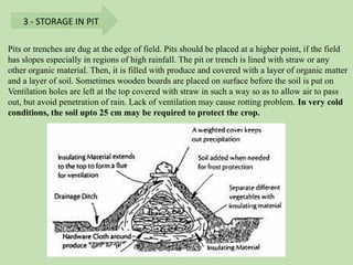 3 - STORAGE IN PIT
Pits or trenches are dug at the edge of field. Pits should be placed at a higher point, if the field
has slopes especially in regions of high rainfall. The pit or trench is lined with straw or any
other organic material. Then, it is filled with produce and covered with a layer of organic matter
and a layer of soil. Sometimes wooden boards are placed on surface before the soil is put on
Ventilation holes are left at the top covered with straw in such a way so as to allow air to pass
out, but avoid penetration of rain. Lack of ventilation may cause rotting problem. In very cold
conditions, the soil upto 25 cm may be required to protect the crop.
 