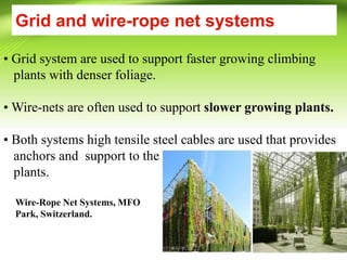 • Grid system are used to support faster growing climbing
plants with denser foliage.
• Wire-nets are often used to support slower growing plants.
• Both systems high tensile steel cables are used that provides
anchors and support to the
plants.
Grid and wire-rope net systems
Wire-Rope Net Systems, MFO
Park, Switzerland.
 