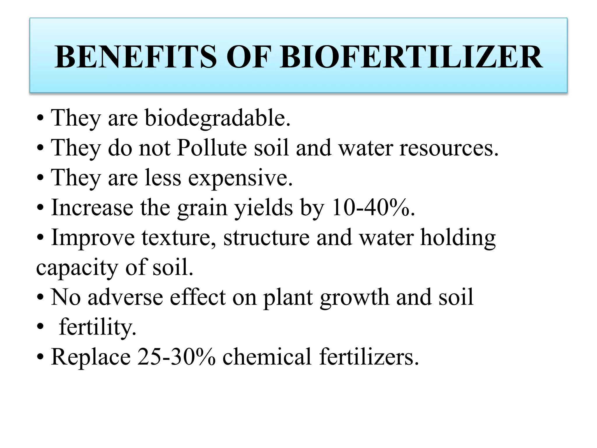 BENEFITS OF BIOFERTILIZER
• They are biodegradable.
• They do not Pollute soil and water resources.
• They are less expensive.
• Increase the grain yields by 10-40%.
• Improve texture, structure and water holding
capacity of soil.
• No adverse effect on plant growth and soil
• fertility.
• Replace 25-30% chemical fertilizers.
 