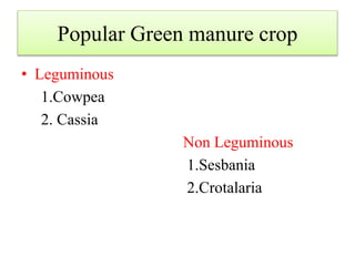 Popular Green manure crop
• Leguminous
1.Cowpea
2. Cassia
Non Leguminous
1.Sesbania
2.Crotalaria
 