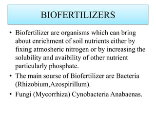 BIOFERTILIZERS
• Biofertilizer are organisms which can bring
about enrichment of soil nutrients either by
fixing atmosheric nitrogen or by increasing the
solubility and avaibility of other nutrient
particularly phosphate.
• The main sourse of Biofertilizer are Bacteria
(Rhizobium,Azospirillum).
• Fungi (Mycorrhiza) Cynobacteria Anabaenas.
 