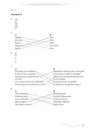 149
Comprensión lectora Séptimo Año Básico
12. 	 c.
Actividad 10
4. 	 No
	 Sí
	 No
	 No
	 Sí
5.
	 A	 B
	 Mapok	 Alca
	 Zacarías	 Dios
	 Romus	 Niño
	 Malaquías	 Cormorán
	 Igaluk	 Oso
6.	 d
	 b
	 a
	 c
	 e
7.
	 A	 B
	 El paisaje era monótono	 Reposaban dichosas de su banquete
	 El día era frío y grisáceo	 Una borrasca nubló la claridad
	 Descansaban satisfechas de	 Observó la mirada de desconcierto
	 su festín	 de su vástago
	 Una ventisca borró la visibilidad	 El panorama era invariable
	 Vio los ojos de asombro de su hijo	 El amanecer era gélido y opaco
8.
	 A	 B
	 Vida-naturaleza	 Pesado-grueso
	 Husmear-otear	 Océano albo-quieto
	 Caos-confusión	 Existencia-tierra
	 Denso-espeso	 Desorden-alboroto
	 Mar blanco-sereno	 Espiar-mirar
 