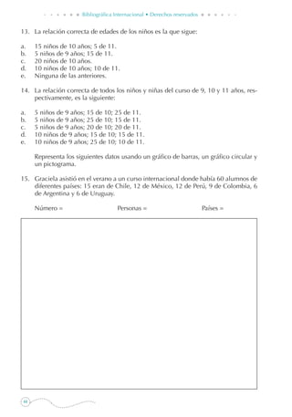 44
Bibliográfica Internacional • Derechos reservados
13.	 La relación correcta de edades de los niños es la que sigue:
a. 	 15 niños de 10 años; 5 de 11.
b. 	 5 niños de 9 años; 15 de 11.
c. 	 20 niños de 10 años.
d. 	 10 niños de 10 años; 10 de 11.
e. 	 Ninguna de las anteriores.
14. 	 La relación correcta de todos los niños y niñas del curso de 9, 10 y 11 años, res-
pectivamente, es la siguiente:
a. 	 5 niños de 9 años; 15 de 10; 25 de 11.
b. 	 5 niños de 9 años; 25 de 10; 15 de 11.
c.	 5 niños de 9 años; 20 de 10; 20 de 11.
d. 	 10 niños de 9 años; 15 de 10; 15 de 11.
e. 	 10 niños de 9 años; 25 de 10; 10 de 11.
	 Representa los siguientes datos usando un gráfico de barras, un gráfico circular y
un pictograma.
15. 	 Graciela asistió en el verano a un curso internacional donde había 60 alumnos de
diferentes países: 15 eran de Chile, 12 de México, 12 de Perú, 9 de Colombia, 6
de Argentina y 6 de Uruguay.
	 Número =	 Personas =	 Países =
 