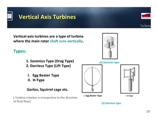 Vertical Axis Turbines
                                                                                                       Turbines

Vertical-axis turbines are a type of turbine
where the main rotor shaft runs vertically.

Types:

          1. Savonius Type (Drag Type)                               (1) Savonius type
          2. Darrieus Type (Lift Type)

           I. Egg Beater Type
           II. H-Type

          Gorlov, Squirrel cage etc.
                                                      i. Egg Beater Type                   i. H-Type
[ Turbine rotation is irrespective to the direction
of fluid flow]
                                                                       (2) Darrieus type


                                                                                                           10
 