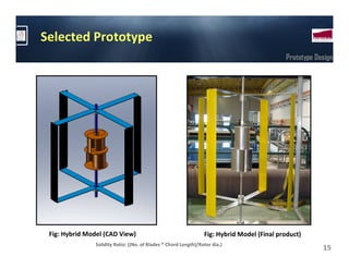 Selected Prototype
                                                                                             Prototype Design




 Fig: Hybrid Model (CAD View)                                     Fig: Hybrid Model (Final product)
                Solidity Ratio: ((No. of Blades * Chord Length)/Rotor dia.)
                                                                                                         15
 