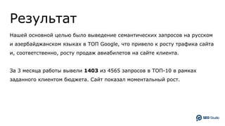 Результат
Нашей основной целью было выведение семантических запросов на русском
и азербайджанском языках в ТОП Google, что привело к росту трафика сайта
и, соответственно, росту продаж авиабилетов на сайте клиента.
За 3 месяца работы вывели 1403 из 4565 запросов в ТОП-10 в рамках
заданного клиентом бюджета. Сайт показал моментальный рост.
 