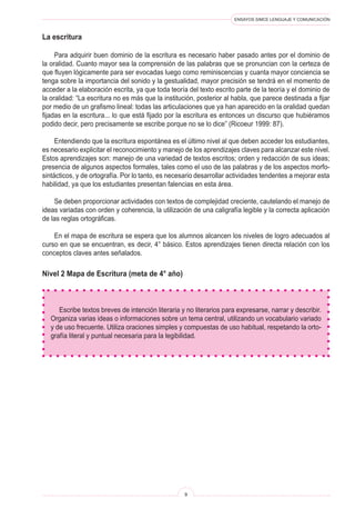 ENSAYOS SIMCE LENGUAJE Y COMUNICACIÓN 
La escritura 
Para adquirir buen dominio de la escritura es necesario haber pasado antes por el dominio de la oralidad. Cuanto mayor sea la comprensión de las palabras que se pronuncian con la certeza de que fluyen lógicamente para ser evocadas luego como reminiscencias y cuanta mayor conciencia se tenga sobre la importancia del sonido y la gestualidad, mayor precisión se tendrá en el momento de acceder a la elaboración escrita, ya que toda teoría del texto escrito parte de la teoría y el dominio de la oralidad: “La escritura no es más que la institución, posterior al habla, que parece destinada a fijar por medio de un grafismo lineal: todas las articulaciones que ya han aparecido en la oralidad quedan fijadas en la escritura... lo que está fijado por la escritura es entonces un discurso que hubiéramos podido decir, pero precisamente se escribe porque no se lo dice” (Ricoeur 1999: 87). 
Entendiendo que la escritura espontánea es el último nivel al que deben acceder los estudiantes, es necesario explicitar el reconocimiento y manejo de los aprendizajes claves para alcanzar este nivel. Estos aprendizajes son: manejo de una variedad de textos escritos; orden y redacción de sus ideas; presencia de algunos aspectos formales, tales como el uso de las palabras y de los aspectos morfosintácticos, y de ortografía. Por lo tanto, es necesario desarrollar actividades tendentes a mejorar esta habilidad, ya que los estudiantes presentan falencias en esta área. 
Se deben proporcionar actividades con textos de complejidad creciente, cautelando el manejo de ideas variadas con orden y coherencia, la utilización de una caligrafía legible y la correcta aplicación de las reglas ortográficas. 
En el mapa de escritura se espera que los alumnos alcancen los niveles de logro adecuados al curso en que se encuentran, es decir, 4° básico. Estos aprendizajes tienen directa relación con los conceptos claves antes señalados. 
Nivel 2 Mapa de Escritura (meta de 4° año) 
Escribe textos breves de intención literaria y no literarios para expresarse, narrar y describir. Organiza varias ideas o informaciones sobre un tema central, utilizando un vocabulario variado y de uso frecuente. Utiliza oraciones simples y compuestas de uso habitual, respetando la ortografía literal y puntual necesaria para la legibilidad.  