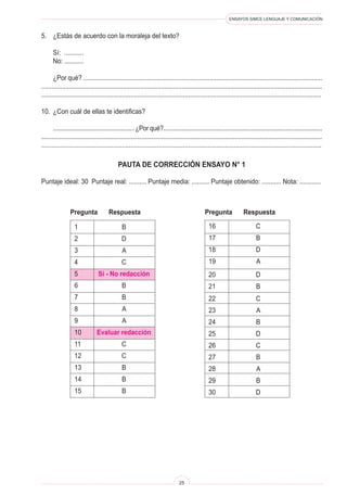 ENSAYOS SIMCE LENGUAJE Y COMUNICACIÓN
25
PAUTA DE CORRECCIÓN ENSAYO N° 1
Puntaje ideal: 30 Puntaje real: .......... Puntaje media: .......... Puntaje obtenido: ........... Nota: ............
5.	 ¿Estás de acuerdo con la moraleja del texto?
	 Sí: ...........
	 No: ...........
	 ¿Por qué? ..........................................................................................................................................
..................................................................................................................................................................
................................................................................................................................................................
10.	 ¿Con cuál de ellas te identificas?
	 ................................................. ¿Por qué?................................................................................................
........................................................................................................................................................................
................................................................................................................................................................
1	 B
2	 D
3	 A
4	 C
5	 Sí - No redacción
6	 B
7	 B
8	 A
9	 A
10	 Evaluar redacción
11	 C
12	 C
13	 B
14	 B
15	 B
Pregunta	 Respuesta
16	 C
17	 B
18	 D
19	 A
20	 D
21	 B
22	 C
23	 A
24	 B
25	 D
26	 C
27	 B
28	 A
29	 B
30	 D
Pregunta	 Respuesta
 