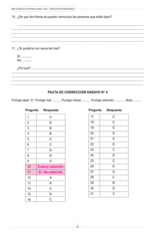 BIBLIOGRÁFICA INTERNACIONAL LTDA. • DERECHOS RESERVADOS
60
10.	 ¿De qué otra forma se pueden comunicar las personas que están lejos?
	 ...........................................................................................................................................................
..................................................................................................................................................................
.................................................................................................................................................................
.................................................................................................................................................................
................................................................................................................................................................
11.	 ¿Te gustaría vivir cerca del mar?
	 Sí: ............
	 No: ...........
	 ¿Por qué? ..........................................................................................................................................
..................................................................................................................................................................
..................................................................................................................................................................
.................................................................................................................................................................
................................................................................................................................................................
PAUTA DE CORRECCIÓN ENSAYO N° 4
Puntaje ideal: 31 Puntaje real: .......... Puntaje media: .......... Puntaje obtenido: ............ Nota: ..........
1	 C
2	 D
3	 B
4	 B
5	 C
6	 C
7	 D
8	 B
9	 A
10	 Evaluar redacción
11	 Sí - No redacción
12	 A
13	 B
14	 C
15	 B
16	 C
Pregunta	 Respuesta
17	 C
18	 C
19	 D
20	 D
21	 C
22	 D
23	 C
24	 D
25	 C
26	 D
27	 D
28	 C
29	 B
30	 D
31	 C
Pregunta	 Respuesta
 