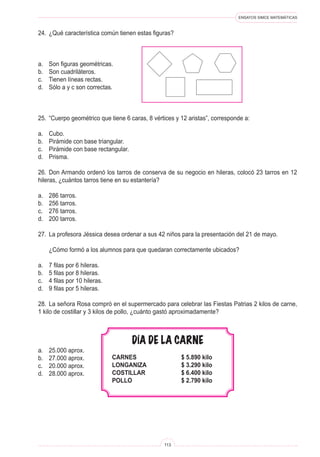 ENSAYOS SIMCE MATEMÁTICAS
113
24. ¿Qué característica común tienen estas figuras?
a. Son figuras geométricas.
b. Son cuadriláteros.
c. Tienen líneas rectas.
d. Sólo a y c son correctas.
25. “Cuerpo geométrico que tiene 6 caras, 8 vértices y 12 aristas”, corresponde a:
a. Cubo.
b. Pirámide con base triangular.
c. Pirámide con base rectangular.
d. Prisma.
26. Don Armando ordenó los tarros de conserva de su negocio en hileras, colocó 23 tarros en 12
hileras, ¿cuántos tarros tiene en su estantería?
a. 286 tarros.
b. 256 tarros.
c. 276 tarros.
d. 200 tarros.
27. La profesora Jéssica desea ordenar a sus 42 niños para la presentación del 21 de mayo.
¿Cómo formó a los alumnos para que quedaran correctamente ubicados?
a. 7 filas por 6 hileras.
b. 5 filas por 8 hileras.
c. 4 filas por 10 hileras.
d. 9 filas por 5 hileras.
28. La señora Rosa compró en el supermercado para celebrar las Fiestas Patrias 2 kilos de carne,
1 kilo de costillar y 3 kilos de pollo, ¿cuánto gastó aproximadamente?
a. 25.000 aprox.
b. 27.000 aprox.
c. 20.000 aprox.
d. 28.000 aprox.
DÍA DE LA CARNE
CARNES		 $ 5.890 kilo
LONGANIZA		 $ 3.290 kilo
COSTILLAR		 $ 6.400 kilo
POLLO		 $ 2.790 kilo
 