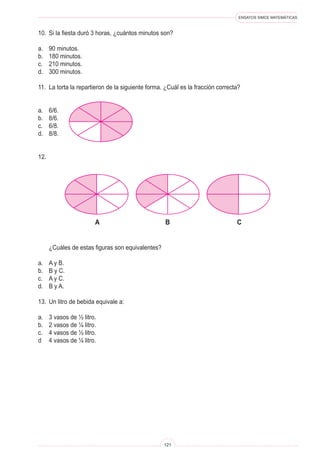 ENSAYOS SIMCE MATEMÁTICAS
121
10. Si la fiesta duró 3 horas, ¿cuántos minutos son?
a. 90 minutos.
b. 180 minutos.
c. 210 minutos.
d. 300 minutos.
11. La torta la repartieron de la siguiente forma. ¿Cuál es la fracción correcta?
a. 6/6.
b. 8/6.
c. 6/8.
d. 8/8.
12.
B C
a
¿Cuáles de estas figuras son equivalentes?
a. A y B.
b. B y C.
c. A y C.
d. B y A.
13. Un litro de bebida equivale a:
a. 3 vasos de ½ litro.
b. 2 vasos de ¼ litro.
c. 4 vasos de ½ litro.
d 4 vasos de ¼ litro.
 