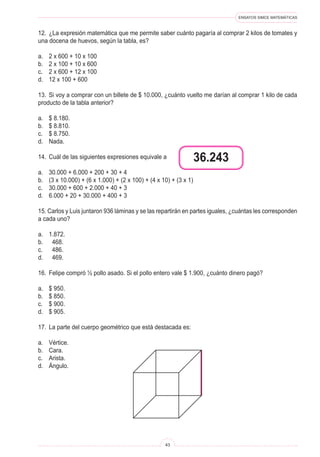 ENSAYOS SIMCE MATEMÁTICAS
43
12. ¿La expresión matemática que me permite saber cuánto pagaría al comprar 2 kilos de tomates y
una docena de huevos, según la tabla, es?
a. 2 x 600 + 10 x 100
b. 2 x 100 + 10 x 600
c. 2 x 600 + 12 x 100
d. 12 x 100 + 600
13. Si voy a comprar con un billete de $ 10.000, ¿cuánto vuelto me darían al comprar 1 kilo de cada
producto de la tabla anterior?
a. $ 8.180.
b. $ 8.810.
c. $ 8.750.
d. Nada.
14. Cuál de las siguientes expresiones equivale a
a. 30.000 + 6.000 + 200 + 30 + 4
b. (3 x 10.000) + (6 x 1.000) + (2 x 100) + (4 x 10) + (3 x 1)
c. 30.000 + 600 + 2.000 + 40 + 3
d. 6.000 + 20 + 30.000 + 400 + 3
15. Carlos y Luis juntaron 936 láminas y se las repartirán en partes iguales, ¿cuántas les corresponden
a cada uno?
a. 1.872.
b. 468.
c. 486.
d. 469.
16. Felipe compró ½ pollo asado. Si el pollo entero vale $ 1.900, ¿cuánto dinero pagó?
a. $ 950.
b. $ 850.
c. $ 900.
d. $ 905.
17. La parte del cuerpo geométrico que está destacada es:
a. Vértice.
b. Cara.
c. Arista.
d. Ángulo.
36.243
 