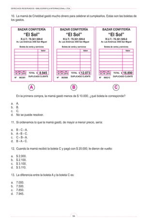 DERECHOS RESERVADOS • BIBLIOGRÁFICA INTERNACIONAL LTDA.
64
BAZAR CONFITERÍA
“El Sol”
R.U.T.: 78.361.509-0
Av. Las Américas 3455 San Miguel
Boleta de venta y servicios
Valor
DIA
20
MES
05
AÑO
2010
Nº 063381
TOTAL $
DUPLICADO CLIENTE
8.945
BAZAR CONFITERÍA
“El Sol”
R.U.T.: 78.361.509-0
Av. Las Américas 3455 San Miguel
Boleta de venta y servicios
Valor
DIA
28
MES
05
AÑO
2010
Nº 065213
TOTAL $
DUPLICADO CLIENTE
16.890
10. La mamá de Cristóbal gastó mucho dinero para celebrar el cumpleaños. Estas son las boletas de
los gastos.
BAZAR CONFITERÍA
“El Sol”
R.U.T.: 78.361.509-0
Av. Las Américas 3455 San Miguel
Boleta de venta y servicios
Valor
DIA
20
MES
05
AÑO
2010
Nº 063588
TOTAL $
DUPLICADO CLIENTE
12.073
A B C
En la primera compra, la mamá gastó menos de $ 10.000, ¿qué boleta le corresponde?
a. A.
b. B.
c. C.
d. No se puede resolver.
11. Si ordenamos lo que la mamá gastó, de mayor a menor precio, sería:
a. B - C - A.
b. A - B - C.
c. C - B - A.
d. B - A - C.
12. Cuando la mamá recibió la boleta C y pagó con $ 20.000, le dieron de vuelto:
a. $ 2.000.
b. $ 2.100.
c. $ 3.100.
d. $ 3.110.
13. La diferencia entre la boleta A y la boleta C es:
a. 7.000.
b. 7.500.
c. 7.850.
d. 7.945.
 