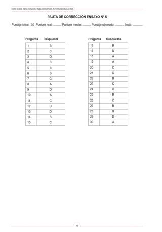 DERECHOS RESERVADOS • BIBLIOGRÁFICA INTERNACIONAL LTDA.
70
PAUTA DE CORRECCIÓN ENSAYO N° 5
Puntaje ideal: 30 Puntaje real: .......... Puntaje medio: .......... Puntaje obtenido: ........... Nota: ............
1 B
2 C
3 D
4 B
5 B
6 B
7 C
8 A
9 D
10 A
11 C
12 D
13 D
14 B
15 C
Pregunta Respuesta
16 B
17 D
18 A
19 A
20 C
21 C
22 B
23 C
24 C
25 B
26 C
27 B
28 B
29 D
30 A
Pregunta Respuesta
 