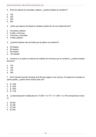 DERECHOS RESERVADOS • BIBLIOGRÁFICA INTERNACIONAL LTDA.
86
3. Entre los sabores de chocolate y plátano, ¿cuántos helados se vendieron?
a. 120.
b. 230.
c. 200.
d. 240.
4. ¿Entre qué sabores de helado la cantidad vendida de uno es el doble del otro?
a. Chocolate y plátano.
b. Frutilla y chirimoya.
c. Chirimoya y chocolate.
d. Frutilla y plátano.
5. ¿Cuántos helados más de frutilla que de plátano se vendieron?
a. 40 helados.
b. 60 helados.
c. 80 helados.
d. 100 helados.
6. Llevamos a un paseo la mitad de los helados de chirimoya que se vendieron, ¿cuántos helados
llevamos?
a. 130.
b. 140.
c. 120.
d. 240.
7. Mi tío Claudio tenía 84 monedas de $ 50 para regalar a mis 3 primos. Si reparte las monedas en
partes iguales, ¿cuánto dinero recibió cada uno?
a. $ 1.400.
b. $ 1.200.
c. $ 1.000.
d. $ 1.100.
8. La descomposición multiplicativa 6 x 10.000 + 4 x 10 + 7 x 1.000 + 3 x 100 corresponde al núme-
ro:
a. 60.040.
b. 61.400.
c. 67.340.
d. 67.040.
 