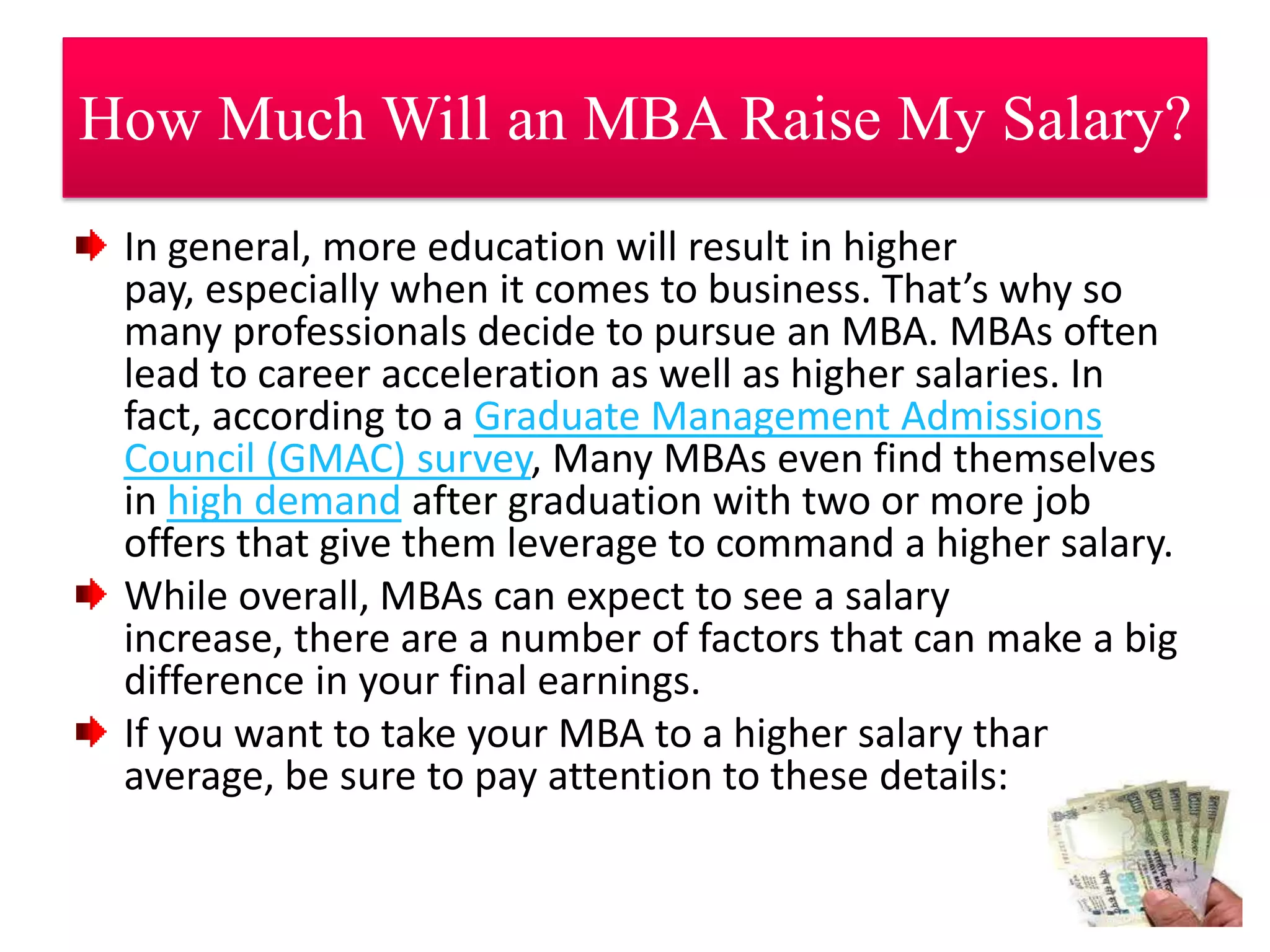 Be ready-Your post-MBA employment options will depend largely on your pre-MBA exposure and experience, so make sure that you have enough pre-MBA experience to help you take advantage of all the benefits your degree offers. Find out the expectations of MBA employers and MBA admissions committees in terms of your experience. If you don't have enough right now to benefit fully from an MBA, get some more experience, further define your goals and apply later4.  The GMAT®People get a little nervous before taking tests, but the Graduate Management Admission Test® (GMAT®) is one examination you don’t want to put off.In fact, the sooner you prepare yourself to take it, the better! Here’s why:Your GMAT score is valid for five years, so you have the flexibility of “banking it”—choosing to start your graduate studies right after university or later on.If at first you don’t succeed, you can take the GMAT exam again. Remember, though, that all of your GMAT scores from the past 5 years will appear on your Official Score Report.By taking the GMAT exam, you have a better chance of being targeted by business schools that are a good match for you—and learning more about their programs and admissions processes. Help them find you by creating an mba.com profile and opting in to being contacted by schools.Preparation is EverythingMost GMAT test takers start preparing about 3 to 6 months before the actual test date. Think about how you can best prepare, given your discipline, motivation, and personal preference:Self studyOne-on-one tutoringStudy groupsPrep coursesHowever you choose to prepare, focus on building these kinds of skills:Test-taking skills – standardized test/computer adaptive Math, English, grammar, and writing skills