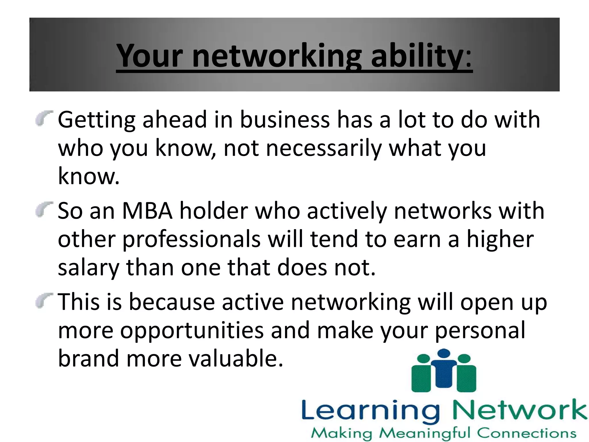 Exploring Graduate Business DegreesFinancial QuestionsDo I need to work full time while going to school?Will the company I work for sponsor my education?Do I need financial aid, including loans or a scholarship?Do I prefer to have financial aid?Do I need to spread the cost of an MBA out to minimize my debt?Lifestyle QuestionsWork/life BalanceCould I handle a full-time workload and full-time course load?Is it important that the school offer peer groups of people with my  interests and experience level?Will I want total immersion (activities outside of class and my network)?Am I ready to assume the responsibilities of an MBA-level position?Family ConsiderationsWhat special needs might my family have?Will my spouse need to relocate and enter a new job market?Is there a school-run organization to help spouses and families?Program StyleWill I stay with my current employer after I earn my degree?What kind of learning environments work best for me?What biases exist in my targeted industry or company that could affect my choice of program type?Do I already have a functional or industry specialty?Do I need an MBA to develop a functional/industry specialty?LocationDo I want to study in my home country, within my region, or abroad?Will the local business community be an advantage? A disadvantage? (Consider the school’s access to speakers, the availability of local internships, and access to local companies for class projects)School CultureDoes the prevailing culture of a school fit with my personality?Do I like the dominant personalities of the student body, staff, faculty, and alumni?