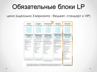 Обязательные блоки LP
цена (идеально 3 варианта - бюджет. стандарт и VIP)
 