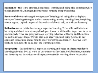 Resilience – this is the emotional aspects of learning and being able to persist when
things get difficult, managing distractions, noticing and persevering.
Resourcefulness – the cognitive aspects of learning and being able to deploy a
variety of learning strategies such as questioning, making learning links, imagining,
reasoning and capitalizing on all the tools available to help us with our learning.
Reflectiveness – this is the strategic aspect of learning. To be able to think about
learning and about how we may develop as learners. Within this aspect we focus on
planning where we are going with our learning, what we will need and the action
we will take to get there. We will also look at revising and being flexible in our
approach to learning and getting to know ourselves as a learner – how we learn
best and being able to talk about the learning process.
Reciprocity – this is the social aspect of learning. It focuses on interdependence
knowing when it’s best to learn on our own or with others. Collaboration, empathy
and listening and imitation are all aspects covered in learning about reciprocity.
 