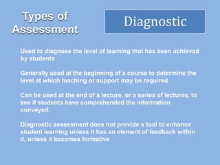 Types of
Assessment
Diagnostic
Used to diagnose the level of learning that has been achieved
by students
Generally used at the beginning of a course to determine the
level at which teaching or support may be required
Can be used at the end of a lecture, or a series of lectures, to
see if students have comprehended the information
conveyed.
Diagnostic assessment does not provide a tool to enhance
student learning unless it has an element of feedback within
it, unless it becomes formative
 