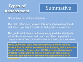 Types of
Assessment
Summative
May or may not include feedback
The main difference between this form of assessment and
that which is purely formative is that grades are awarded
The grade will indicate performance against the standards
set for the assessment task, and can either be part of in-
course assessment, or assessment at the end of a course or
module.
Boud (2000:160) says that assessment activities 'have to
encompass formative assessment for learning and summative
for certification'. Brown et al., (1997) provide a list of weak
practice in assessment. This of course can also act as a
checklist against which assessment programmes can be
evaluated.
 