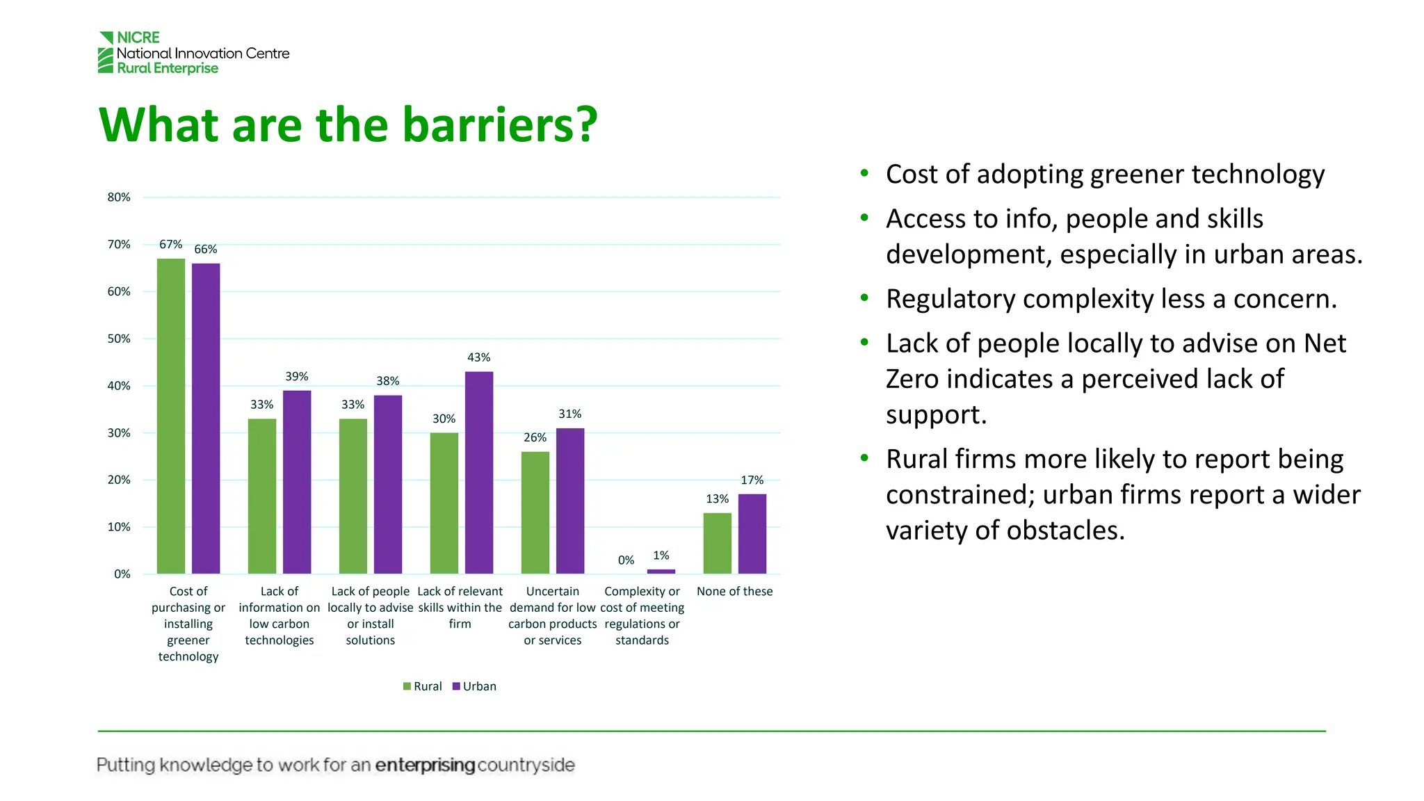 What are the barriers?
• Cost of adopting greener technology
• Access to info, people and skills
development, especially in urban areas.
• Regulatory complexity less a concern.
• Lack of people locally to advise on Net
Zero indicates a perceived lack of
support.
• Rural firms more likely to report being
constrained; urban firms report a wider
variety of obstacles.
67%
33% 33%
30%
26%
0%
13%
66%
39% 38%
43%
31%
1%
17%
0%
10%
20%
30%
40%
50%
60%
70%
80%
Cost of
purchasing or
installing
greener
technology
Lack of
information on
low carbon
technologies
Lack of people
locally to advise
or install
solutions
Lack of relevant
skills within the
firm
Uncertain
demand for low
carbon products
or services
Complexity or
cost of meeting
regulations or
standards
None of these
Rural Urban
 
