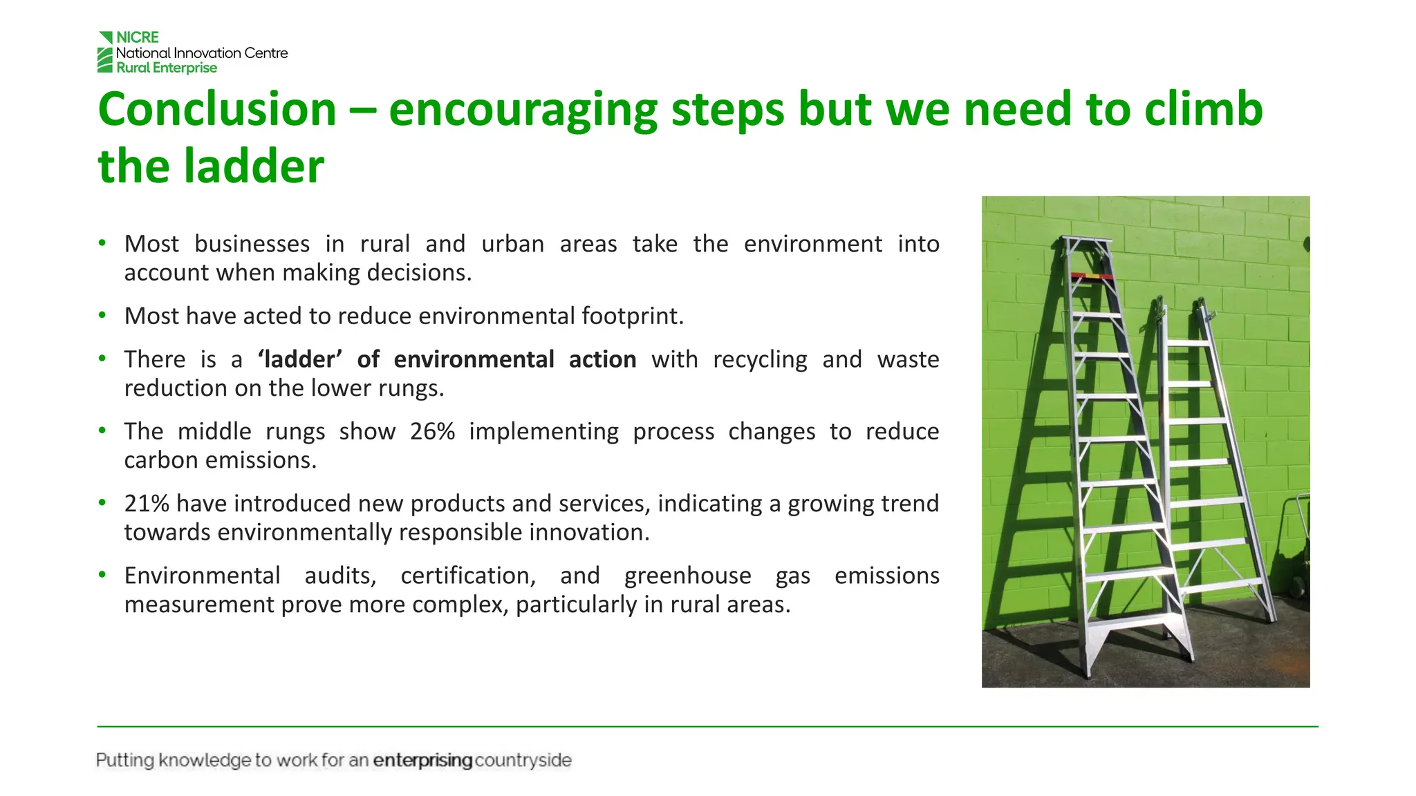 Conclusion – encouraging steps but we need to climb
the ladder
• Most businesses in rural and urban areas take the environment into
account when making decisions.
• Most have acted to reduce environmental footprint.
• There is a ‘ladder’ of environmental action with recycling and waste
reduction on the lower rungs.
• The middle rungs show 26% implementing process changes to reduce
carbon emissions.
• 21% have introduced new products and services, indicating a growing trend
towards environmentally responsible innovation.
• Environmental audits, certification, and greenhouse gas emissions
measurement prove more complex, particularly in rural areas.
 