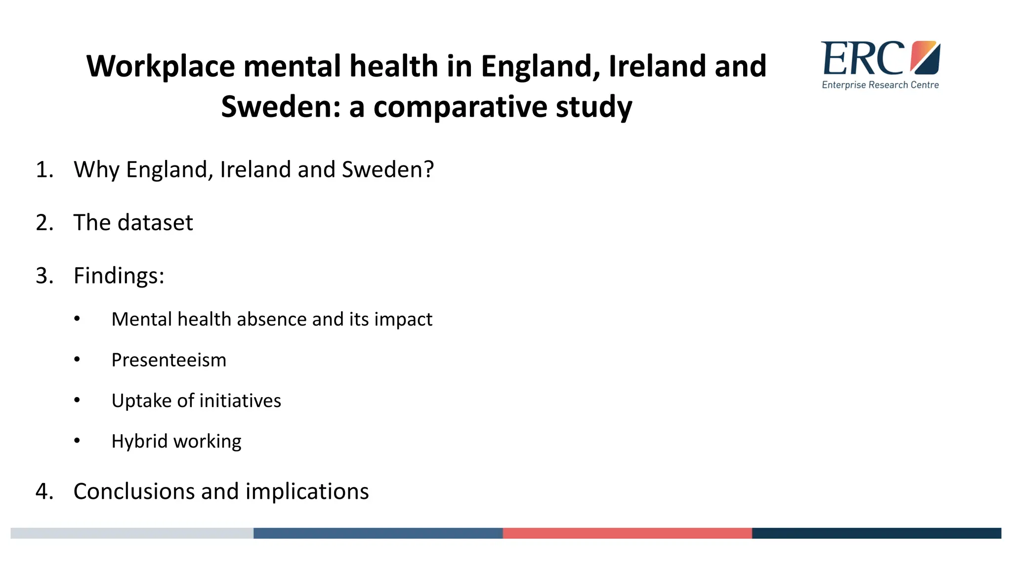 Workplace mental health in England, Ireland and
Sweden: a comparative study
1. Why England, Ireland and Sweden?
2. The dataset
3. Findings:
• Mental health absence and its impact
• Presenteeism
• Uptake of initiatives
• Hybrid working
4. Conclusions and implications
 