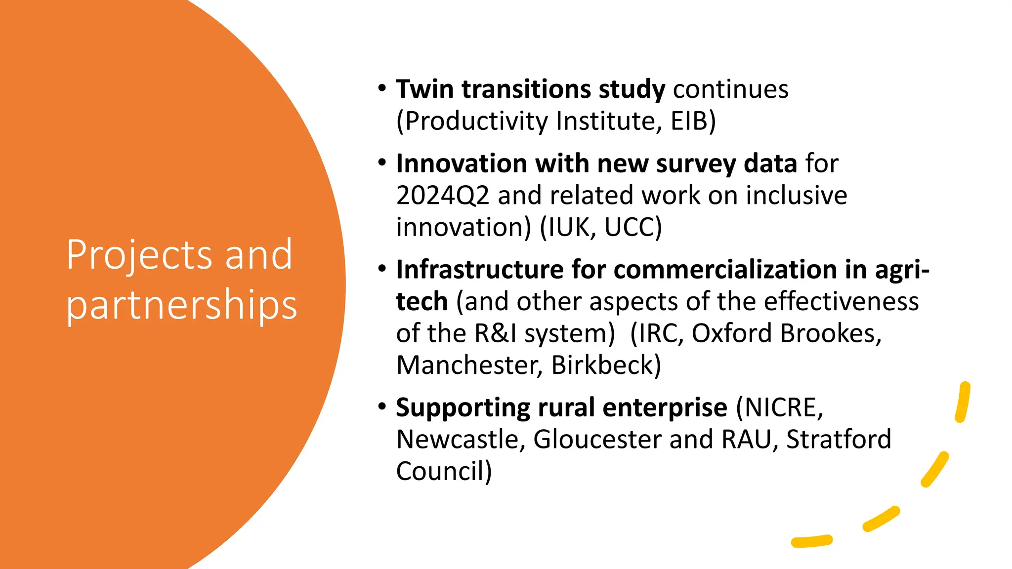 Projects and
partnerships
• Twin transitions study continues
(Productivity Institute, EIB)
• Innovation with new survey data for
2024Q2 and related work on inclusive
innovation) (IUK, UCC)
• Infrastructure for commercialization in agri-
tech (and other aspects of the effectiveness
of the R&I system) (IRC, Oxford Brookes,
Manchester, Birkbeck)
• Supporting rural enterprise (NICRE,
Newcastle, Gloucester and RAU, Stratford
Council)
 