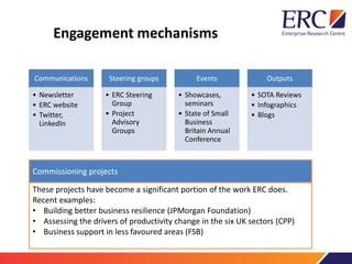 Engagement mechanisms
Communications
• Newsletter
• ERC website
• Twitter,
LinkedIn
Steering groups
• ERC Steering
Group
•...