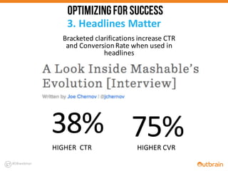 3.	
  Headlines	
  Matter
#OBwebinar
Bracketed	
  clarifications	
  increase	
  CTR	
  
and	
  Conversion	
  Rate	
  when	
  used	
  in	
  
headlines
38%
HIGHER	
  	
  CTR
OPTIMIZINGFORSUCCESS
75%HIGHER	
  CVR
 