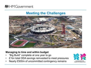 Meeting the Challenges




Managing to time and within budget
• “Big Build” complete at one year to go
• £1bn total ODA savings reinvested to meet pressures
• Nearly £500m of uncommitted contingency remains
 