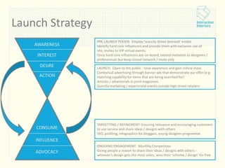 Launch Strategy
AWARENESS
INTEREST
DESIRE

PRE-LAUNCH TEASER: Employ ‘scarcity drives demand’ model
Identify hard core influencers and provide them with exclusive use of
site, invites to VIP virtual events.
Once hard core influencers are on-board, extend invitation to designers /
professionals but keep closed network / invite only

ACTION

LAUNCH: Open to the public - raise awareness and gain critical mass
Contextual advertising through banner ads that demonstrate our offer (e.g.
matching capability for items that are being searched for)
Articles / advertorials in print magazines
Guerilla marketing / experiential events outside high street retailers

CONSUME

TARGETTING / REFINEMENT: Ensuring relevance and encouraging customers
to use service and share ideas / designs with others
SEO, profiling, infographics for bloggers, young designer programme

INFLUENCE
ADVOCACY

ONGOING ENGAGEMENT: Monthly Competition
Giving people a reason to share their ideas / designs with others whoever’s design gets the most votes, wins their ‘scheme / design’ for free

 