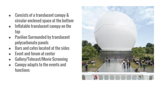 ● Consists of a translucent canopy &
circular enclosed space at the bottom
● Inflatable translucent canopy on the
top
● Pavilion Surrounded by translucent
polycarbonate panels
● Bars and cafes located at the sides
● Event and forum at center
● Gallery/Telecast/Movie Screening
● Canopy adapts to the events and
functions
 