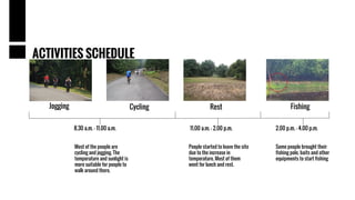 8.30 a.m. - 11.00 a.m. 11.00 a.m. - 2.00 p.m. 2.00 p.m. - 4.00 p.m.
Jogging Cycling FishingRest
Most of the people are
cycling and jogging. The
temperature and sunlight is
more suitable for people to
walk around there.
People started to leave the site
due to the increase in
temperature. Most of them
went for lunch and rest.
Some people brought their
fishing pole, baits and other
equipments to start fishing
ACTIVITIES SCHEDULE
 